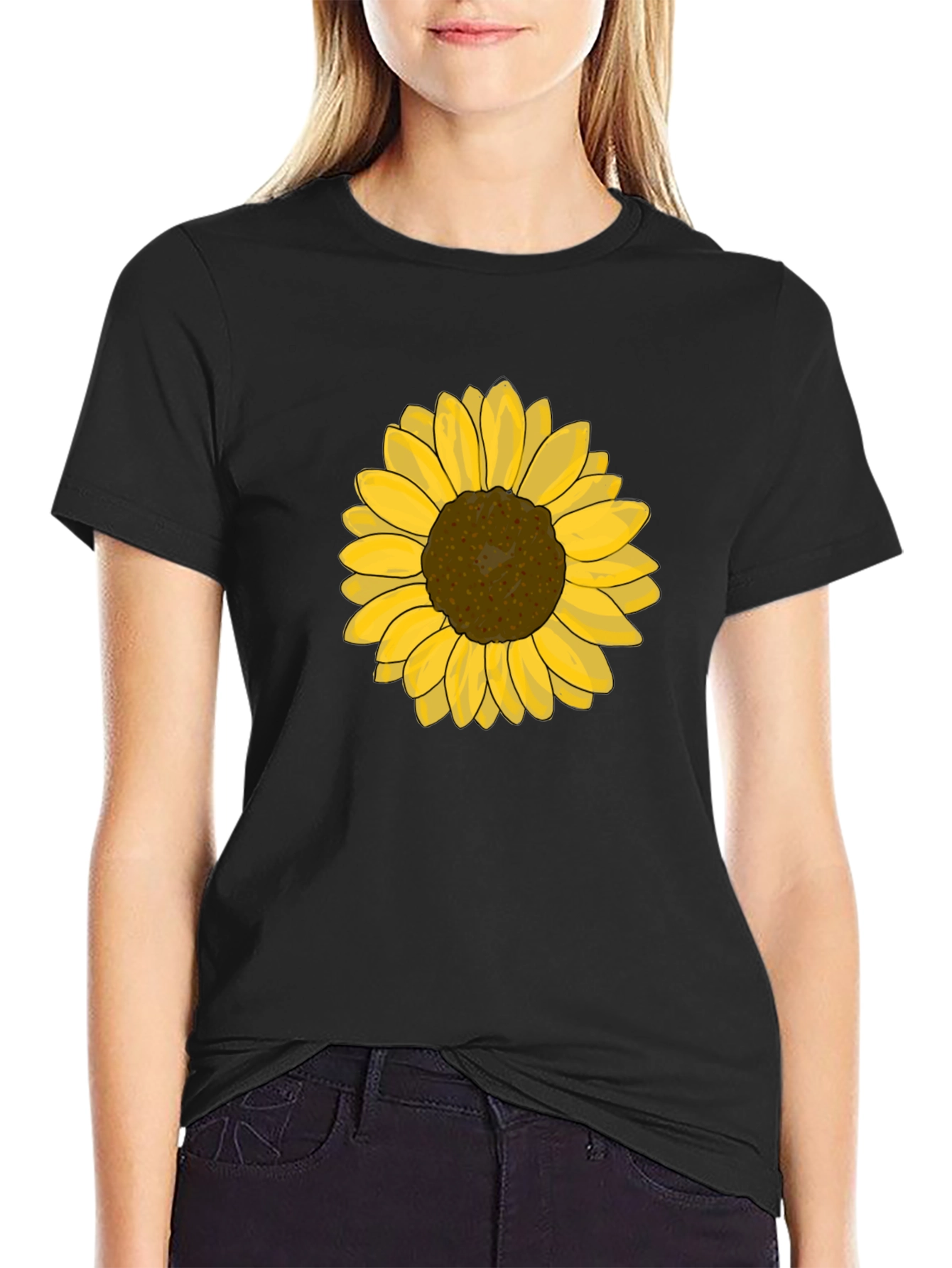 Sunflower Graphic Tee - Black Cotton Casual T-Shirt