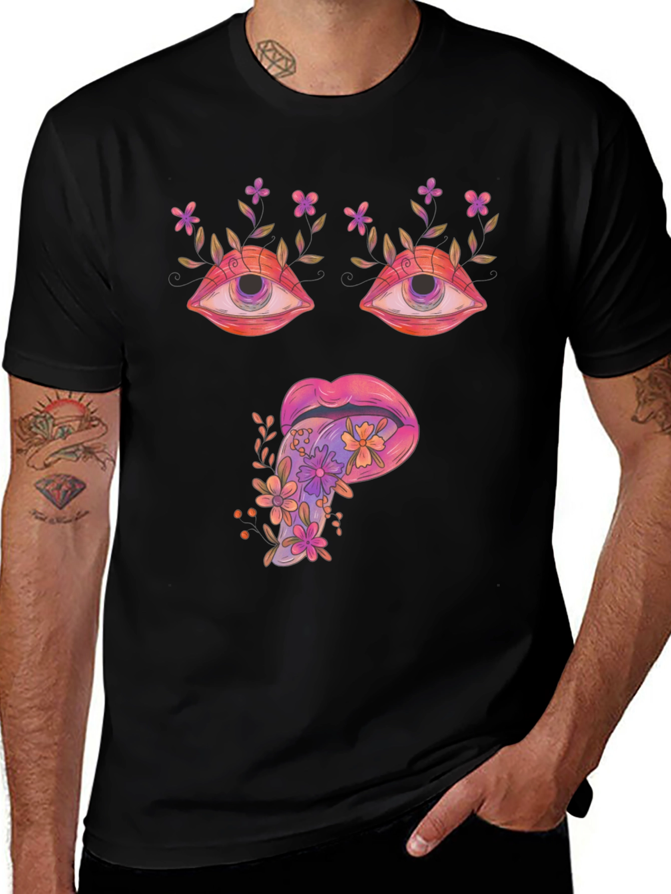Psychedelic Eyes & Tongue Graphic T-Shirt - Black