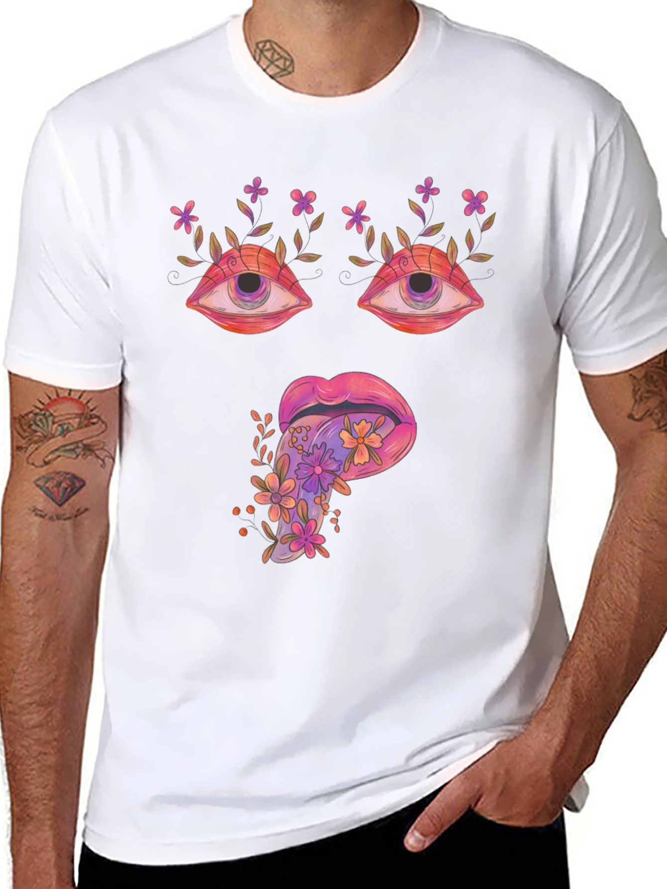 Psychedelic Eyes & Tongue Graphic T-Shirt - Black