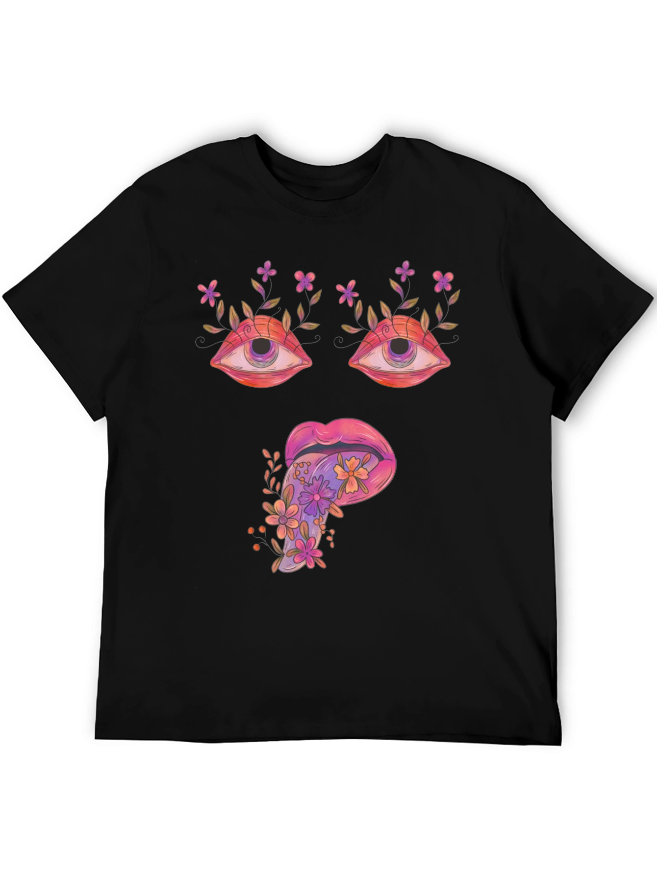 Psychedelic Eyes & Tongue Graphic T-Shirt - Black