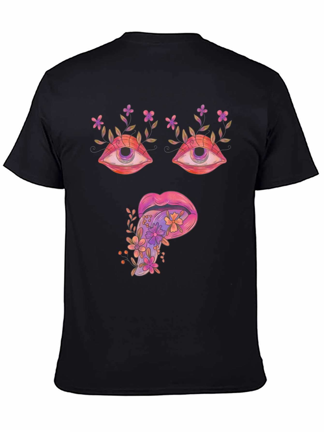 Psychedelic Eyes & Tongue Graphic T-Shirt - Black