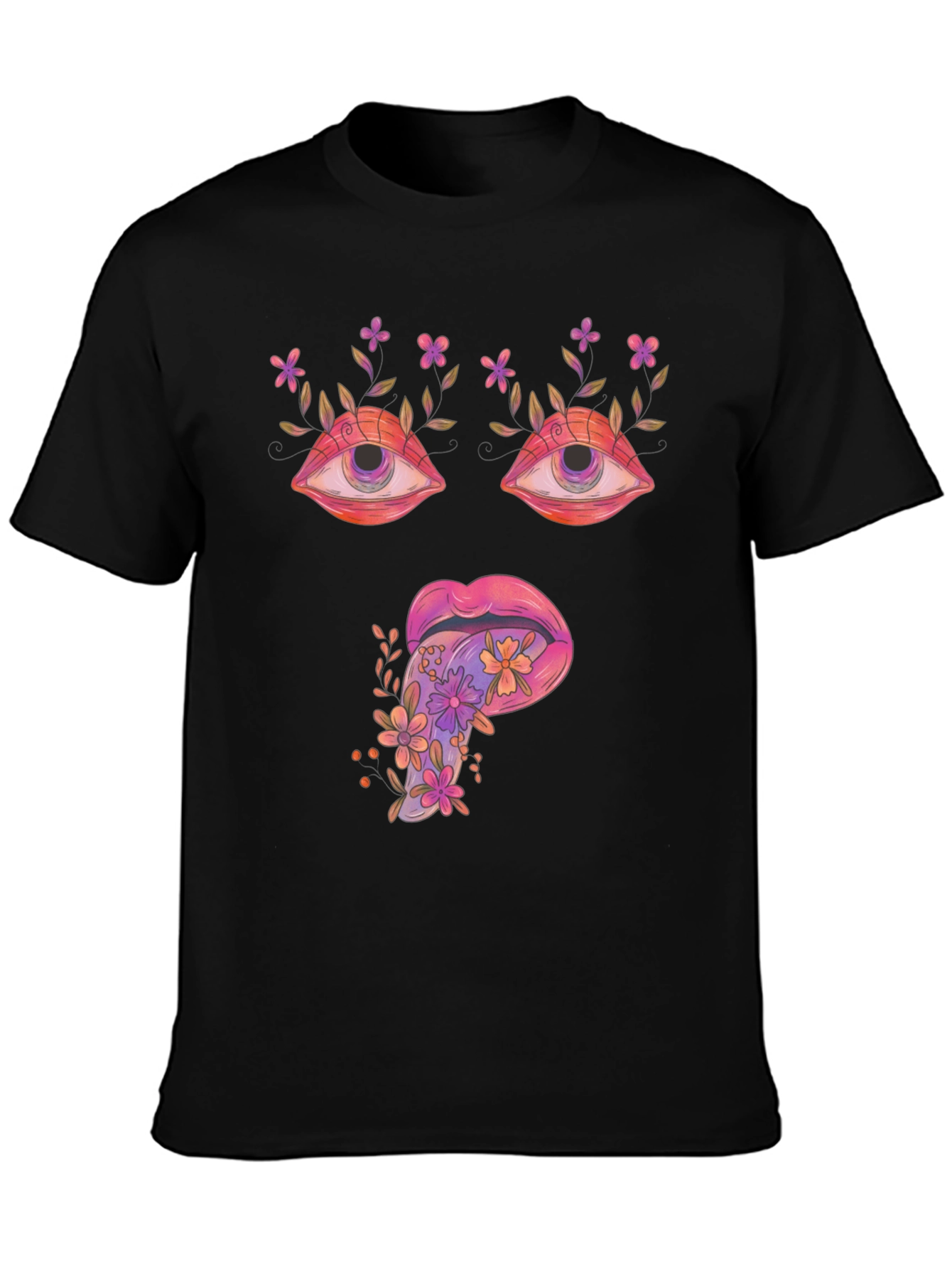 Psychedelic Eyes & Tongue Graphic T-Shirt - Black