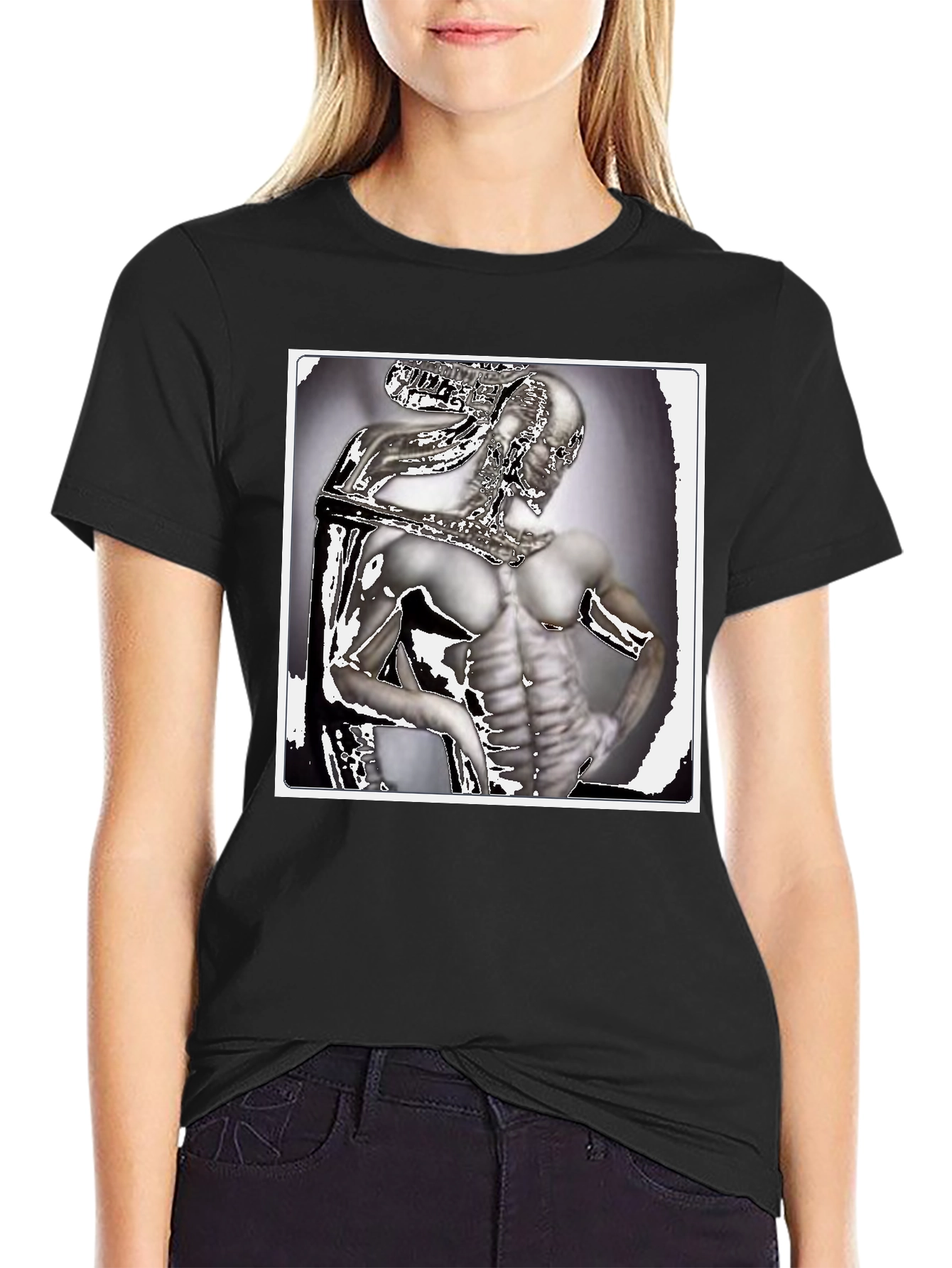Futuristic Humanoid Graphic Tee - Black