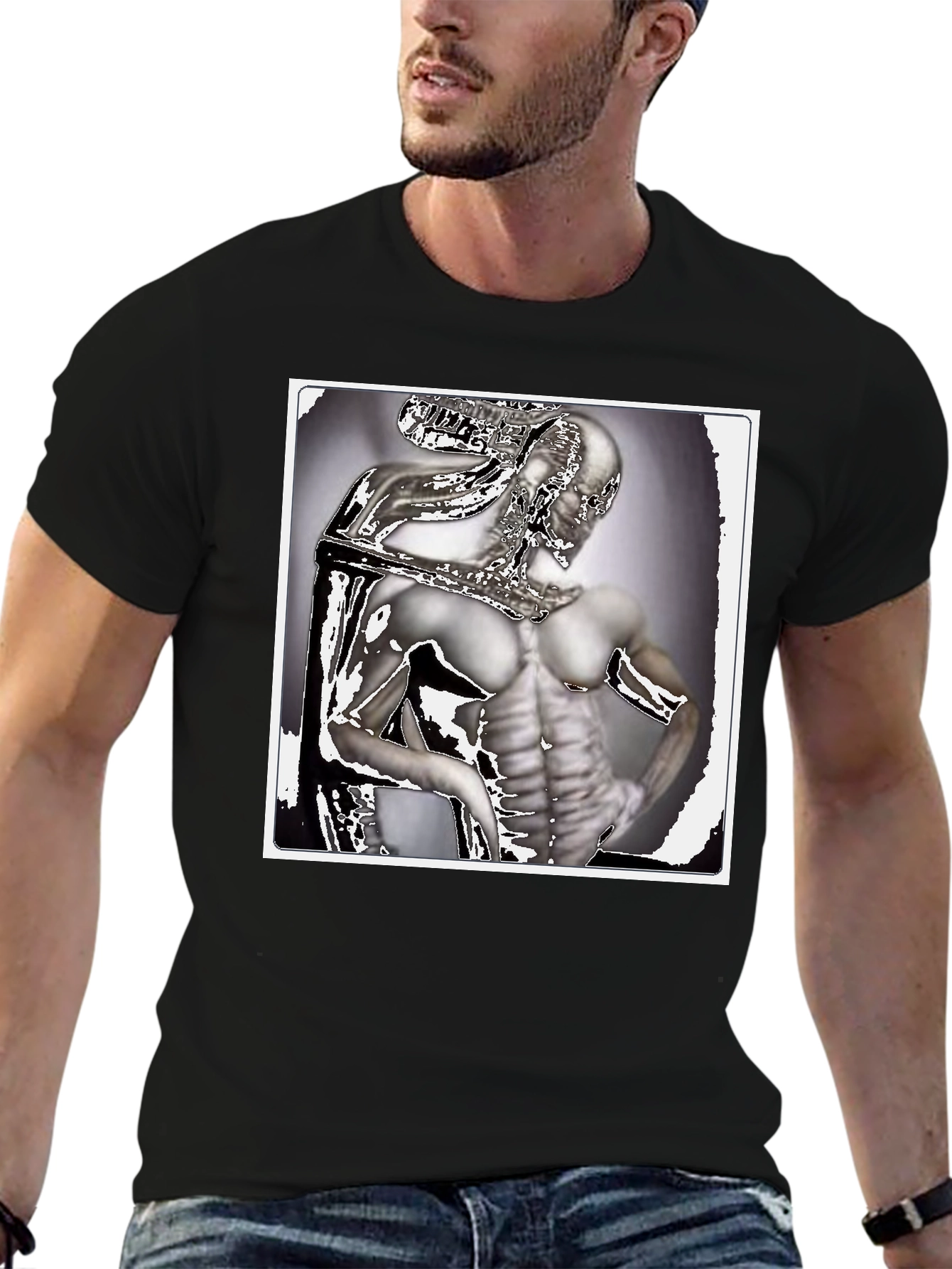 Futuristic Humanoid Graphic Tee - Black