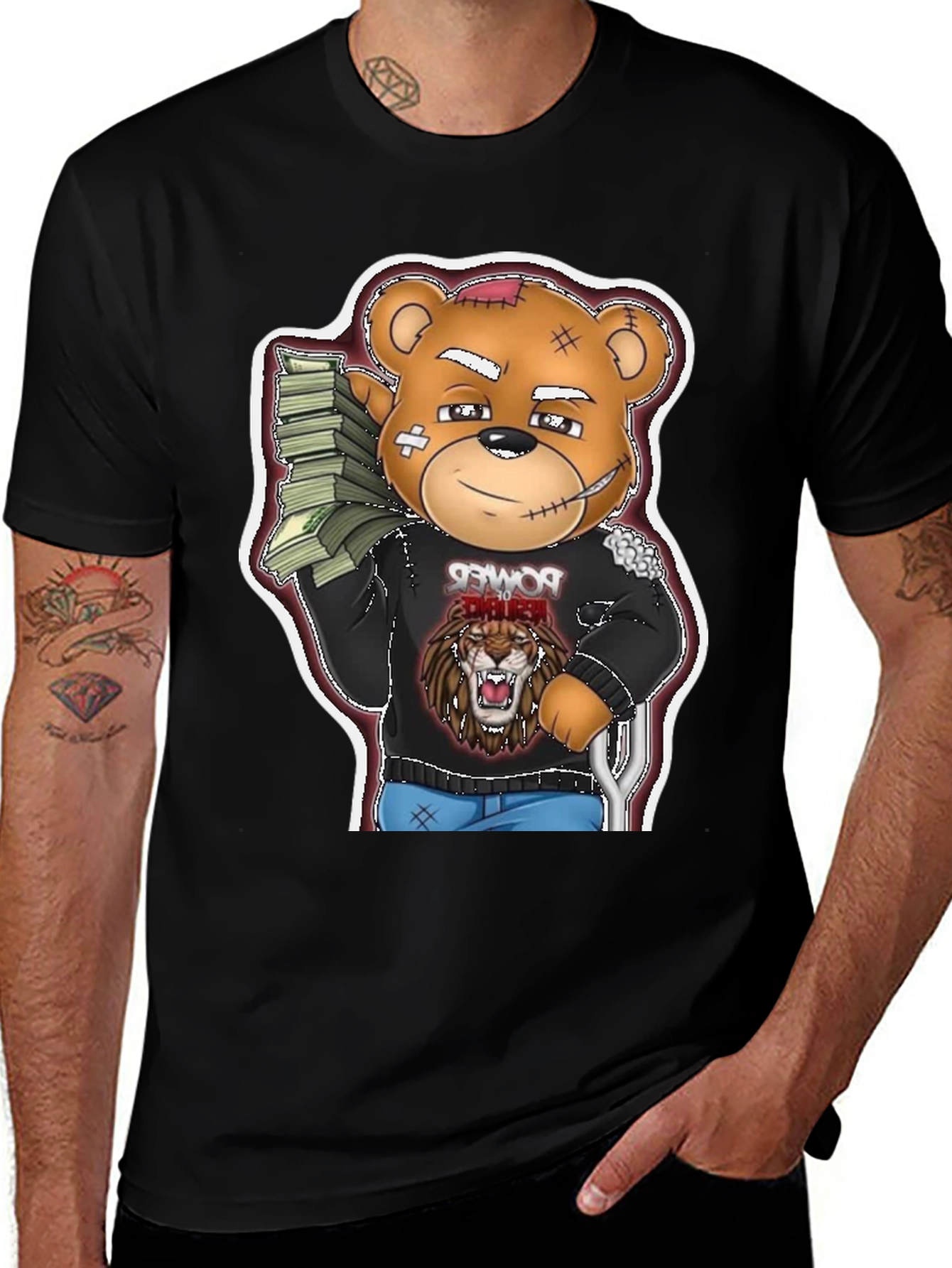 Cartoon Bear Graphic Tee - Black