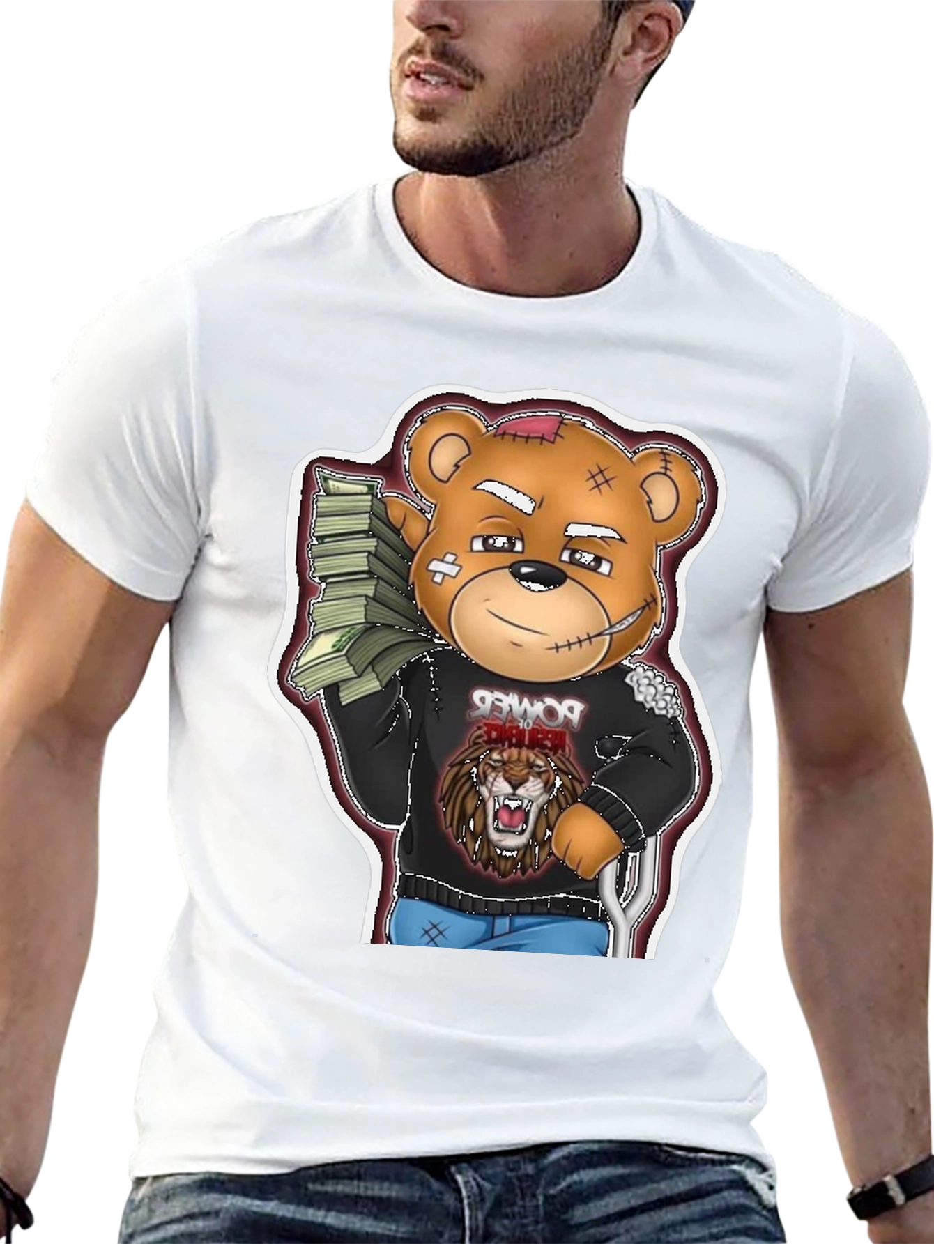 Cartoon Bear Graphic Tee - Black