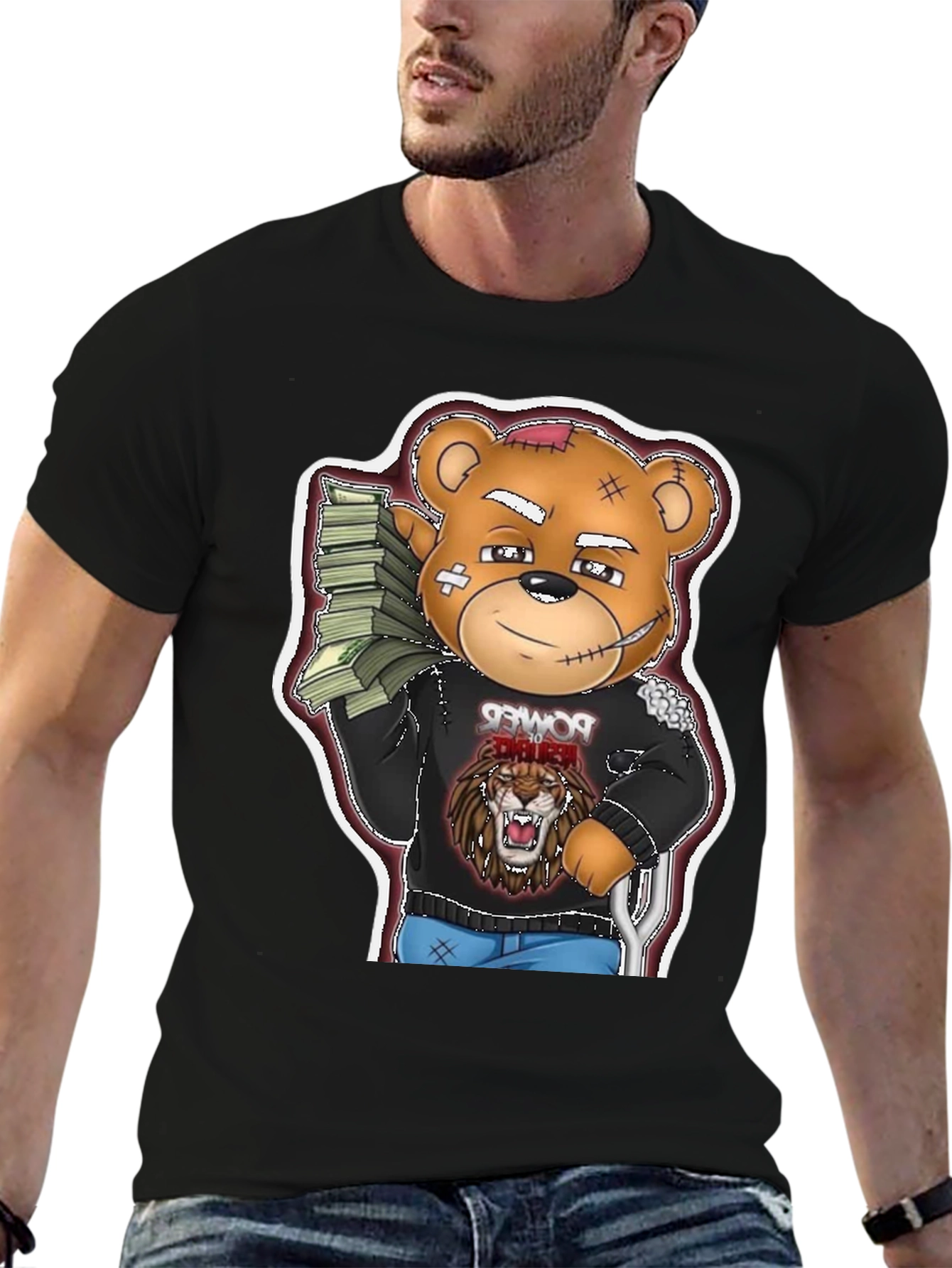 Cartoon Bear Graphic Tee - Black