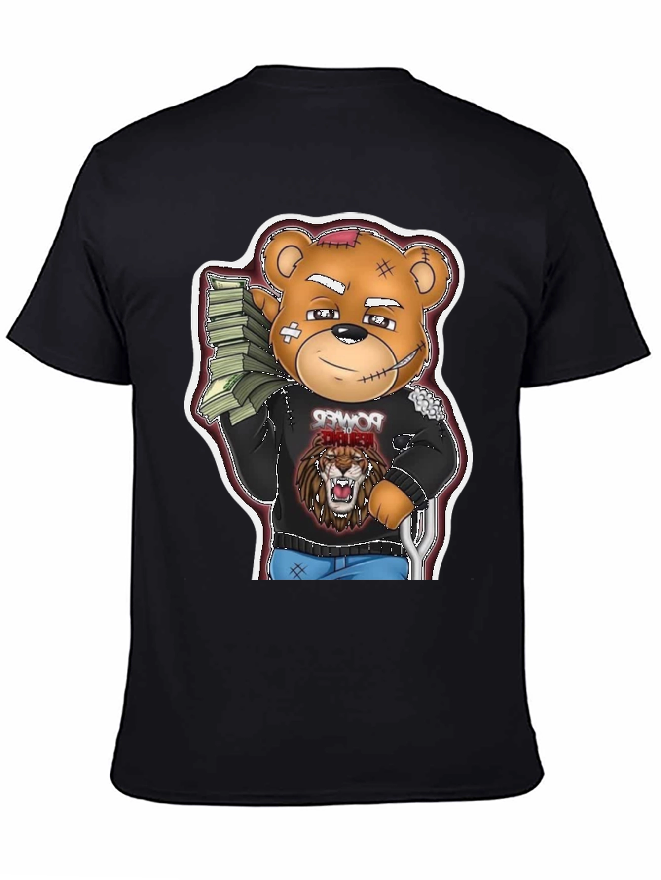Cartoon Bear Graphic Tee - Black