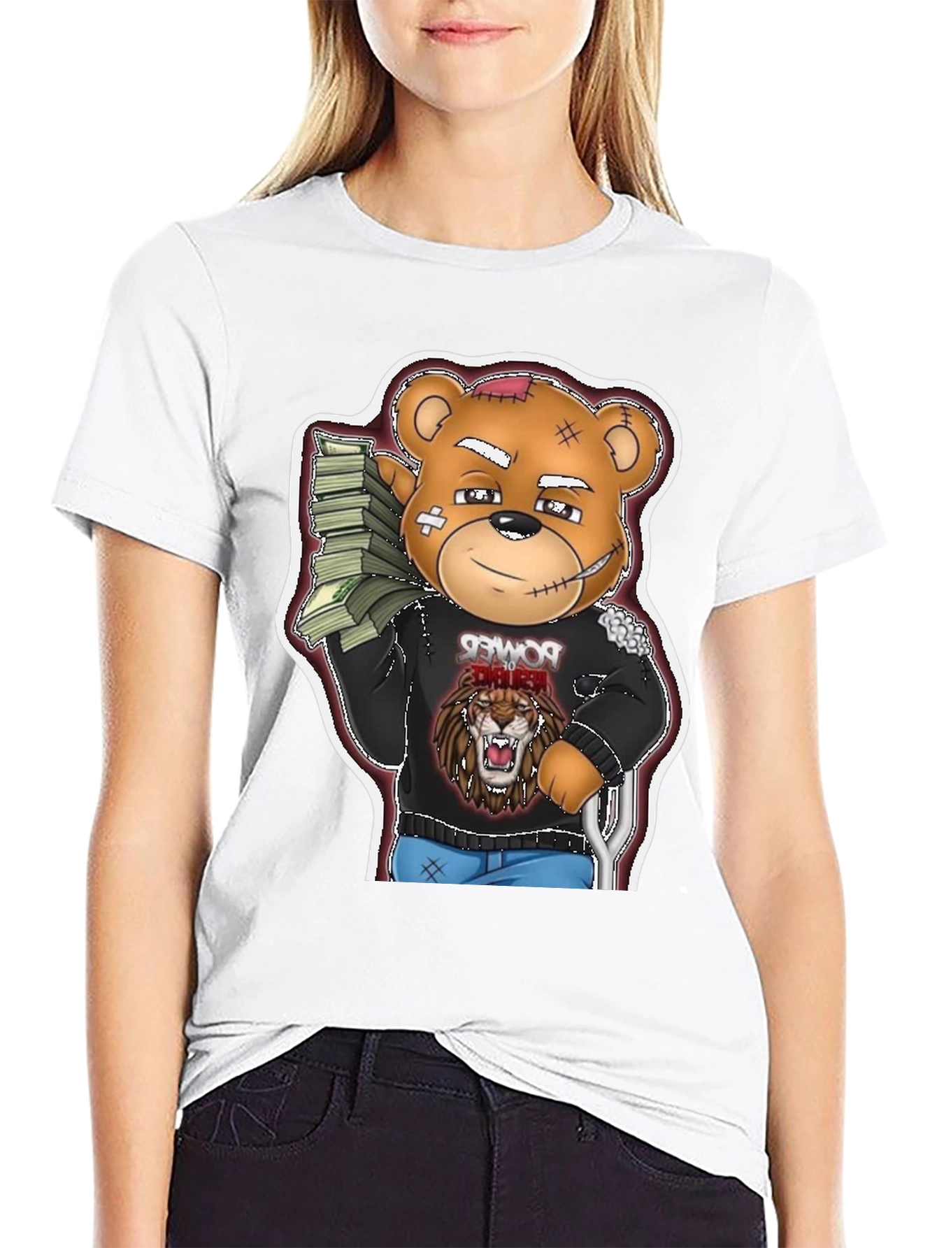 Cartoon Bear Graphic Tee - Black