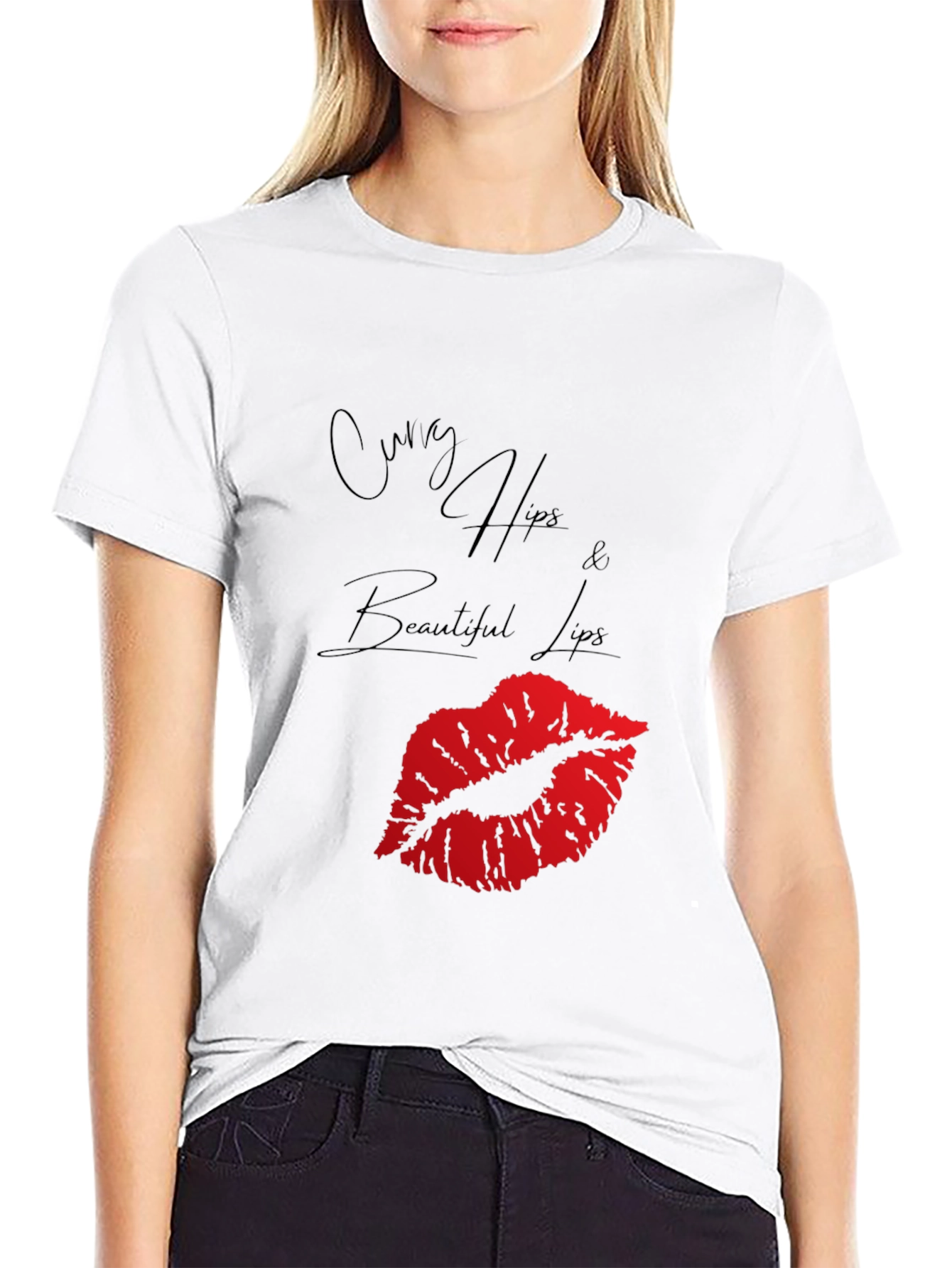 Curvy Hips Lips Graphic Tee - Black Casual Top