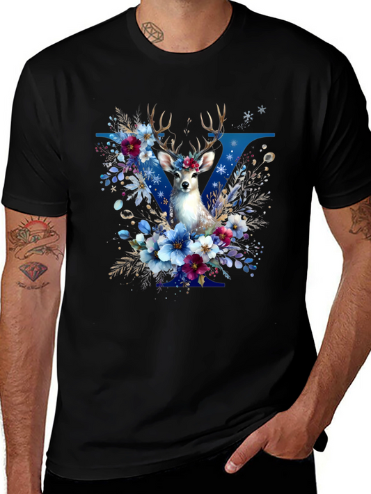 Floral Deer Graphic T-Shirt - Stylish Mens Tee