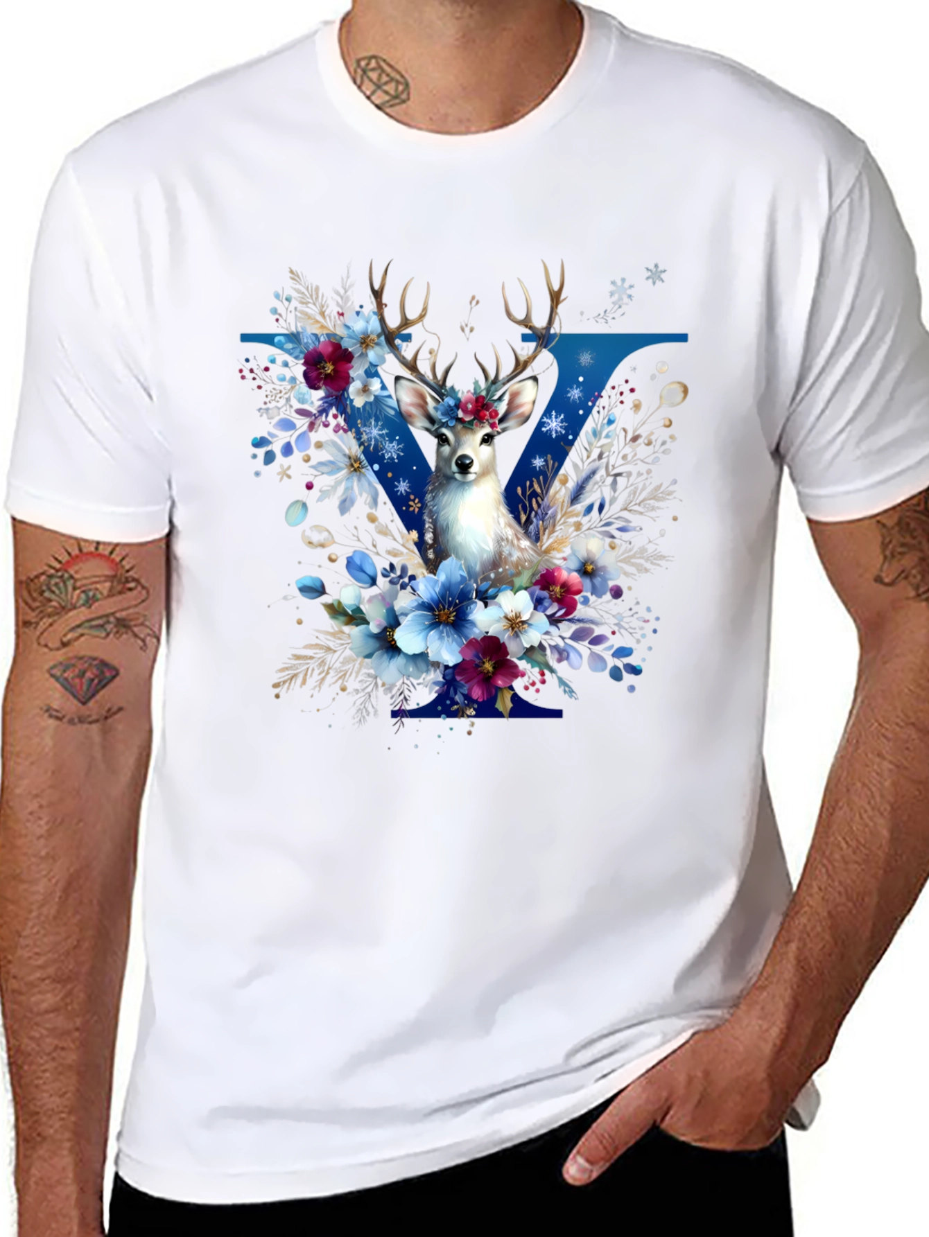 Floral Deer Graphic T-Shirt - Stylish Mens Tee