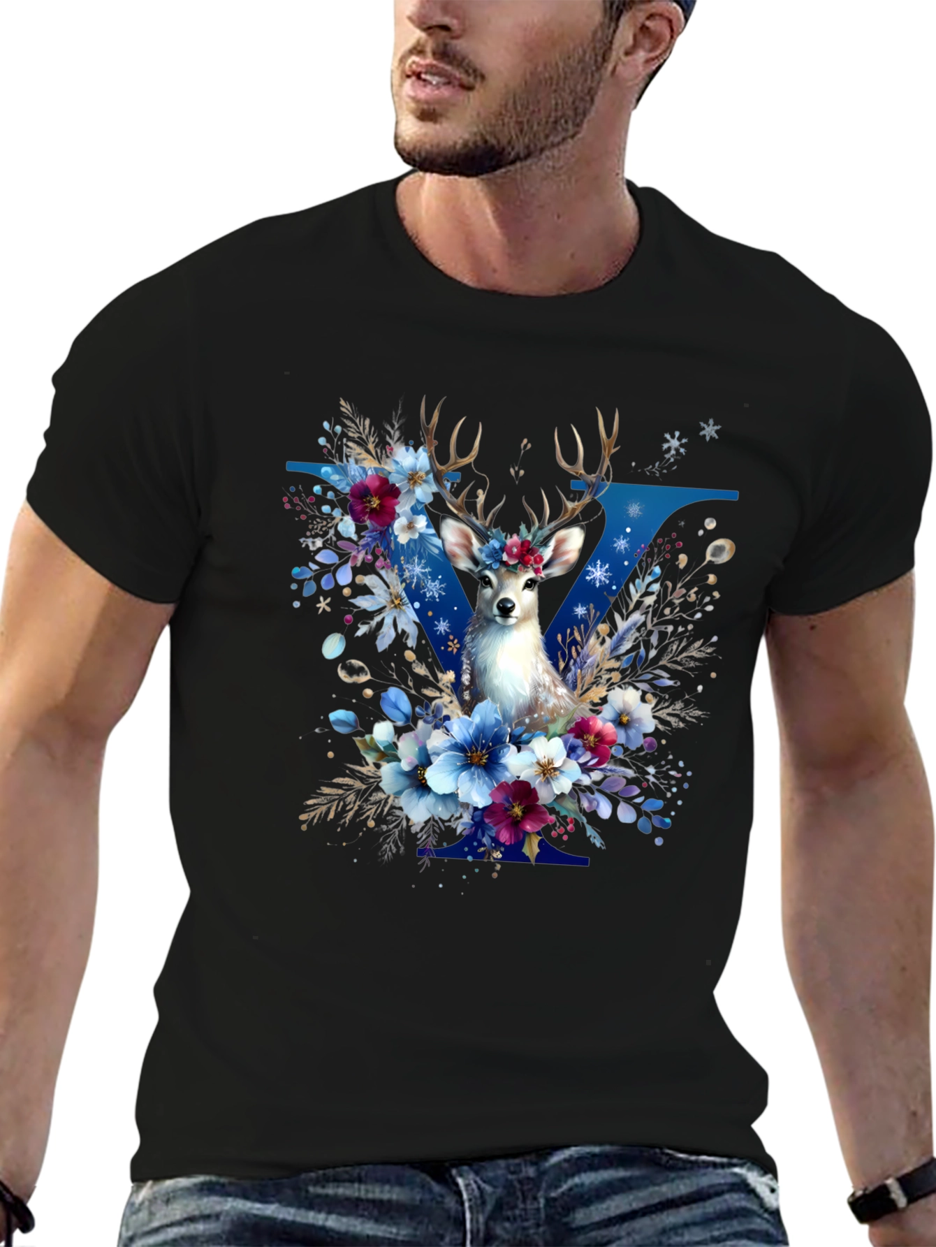 Floral Deer Graphic T-Shirt - Stylish Mens Tee