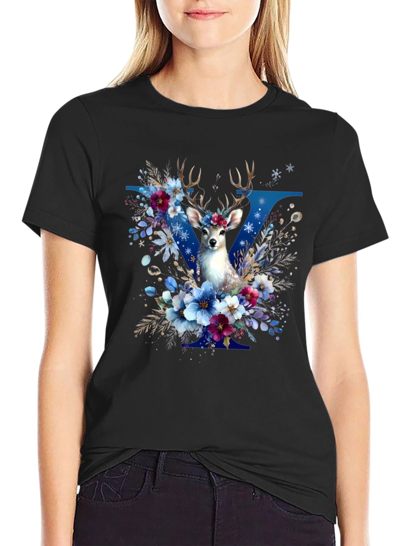 Floral Deer Graphic T-Shirt - Stylish Mens Tee