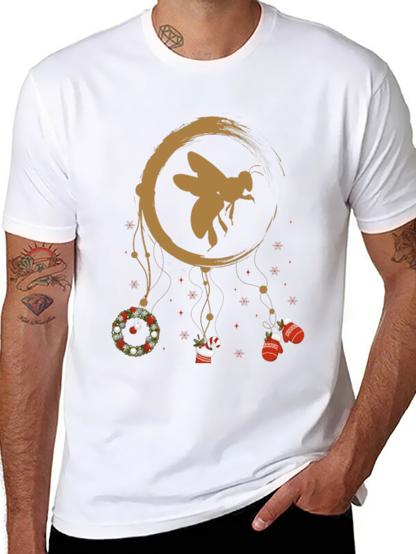 Festive Bee Graphic Tee - Christmas Holiday Design