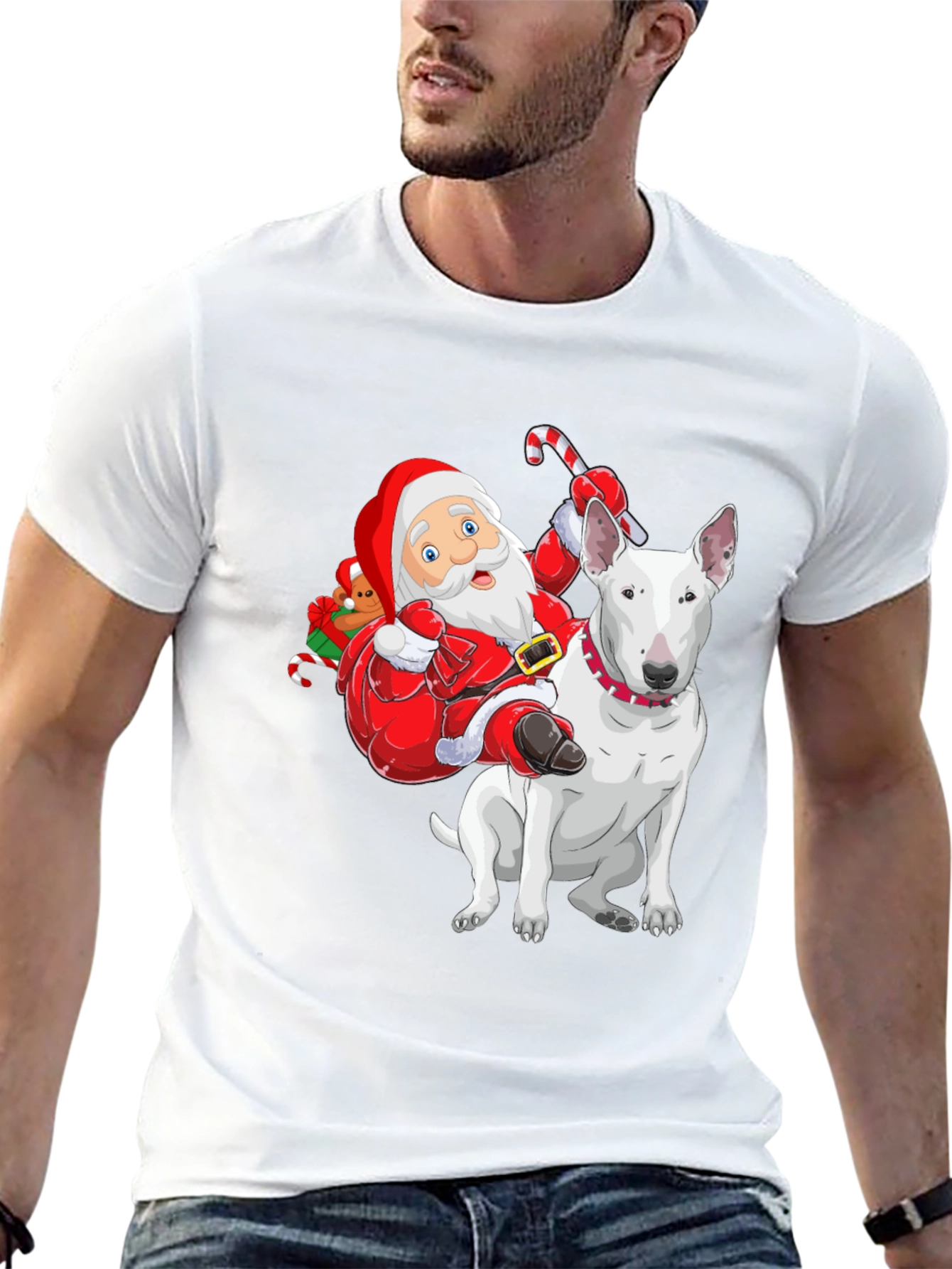 Santa Riding a Bull Terrier T-Shirt