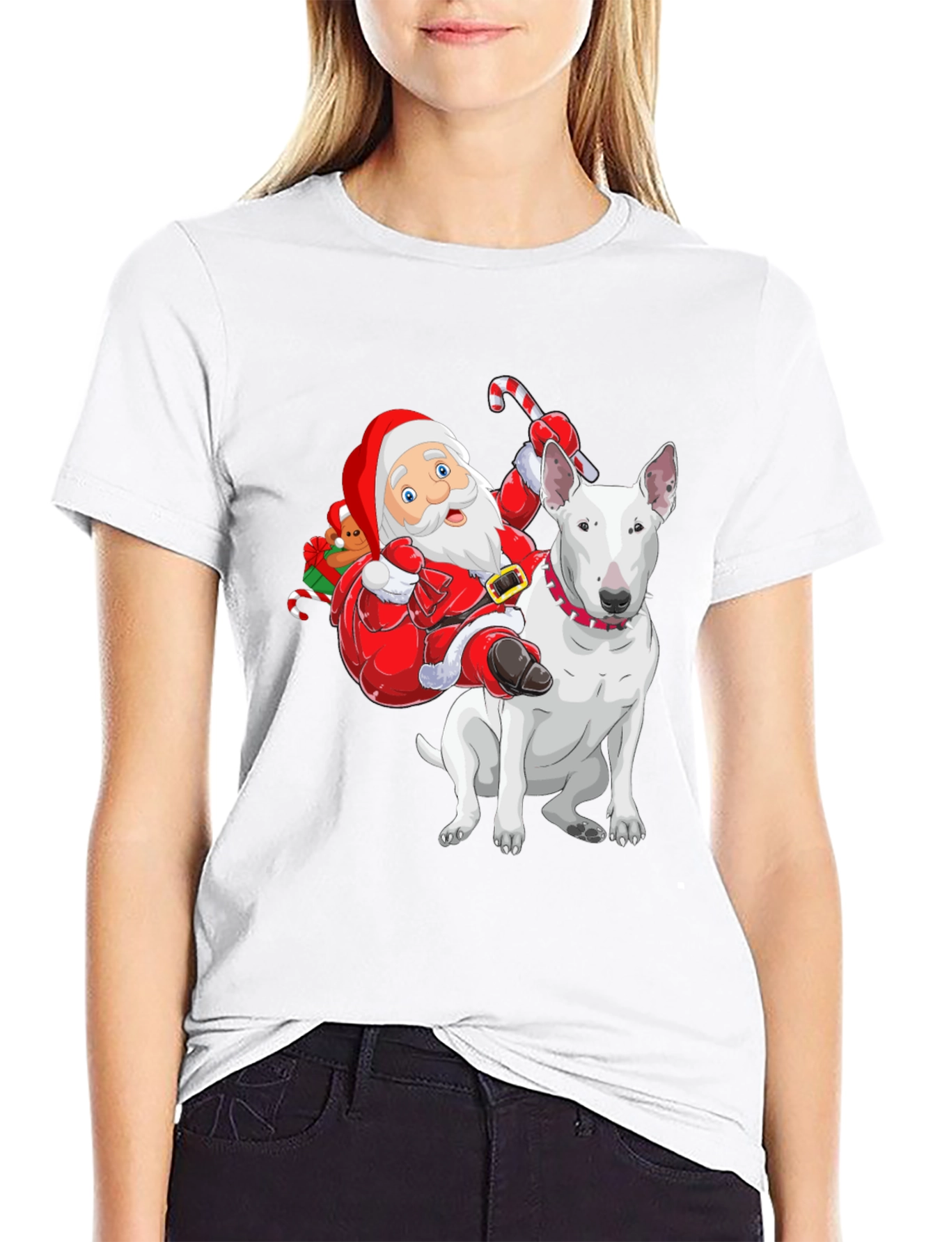 Santa Riding a Bull Terrier T-Shirt