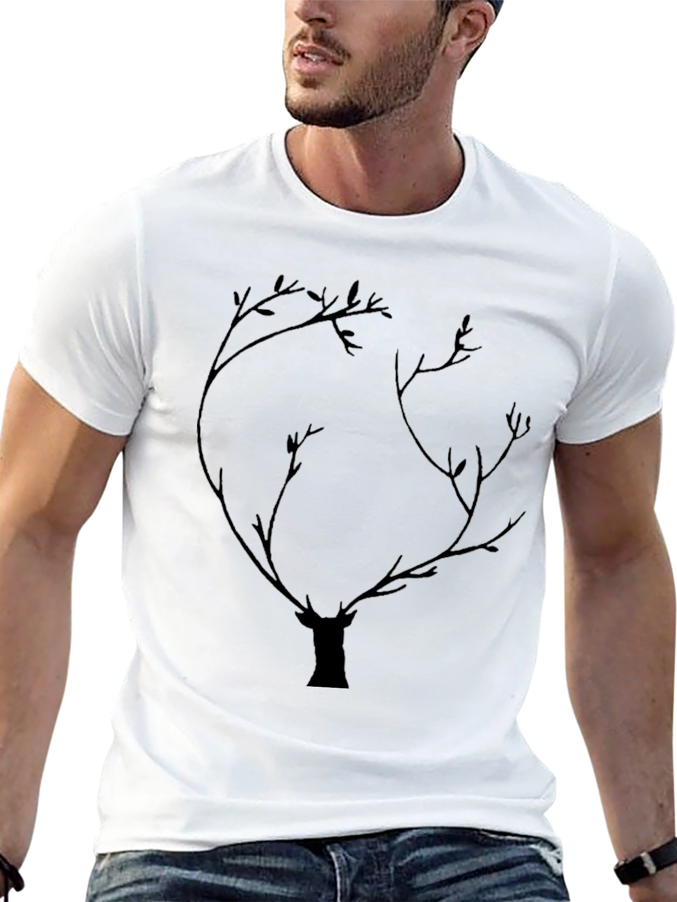 Deer Antler Tree Graphic Tee - Black Cotton Blend