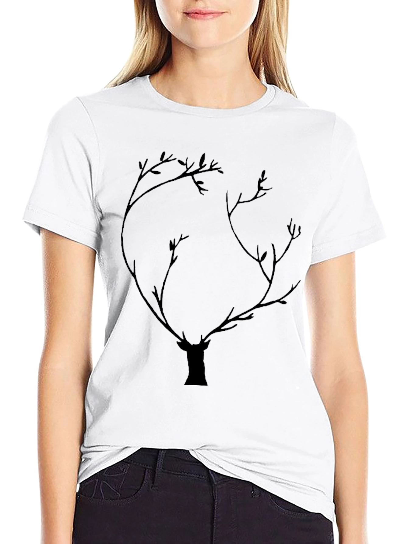 Deer Antler Tree Graphic Tee - Black Cotton Blend