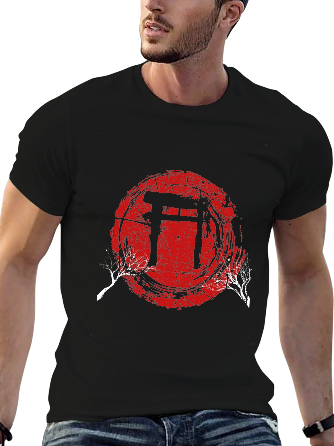 Mens Black T-Shirt with Japanese Gate Graphic