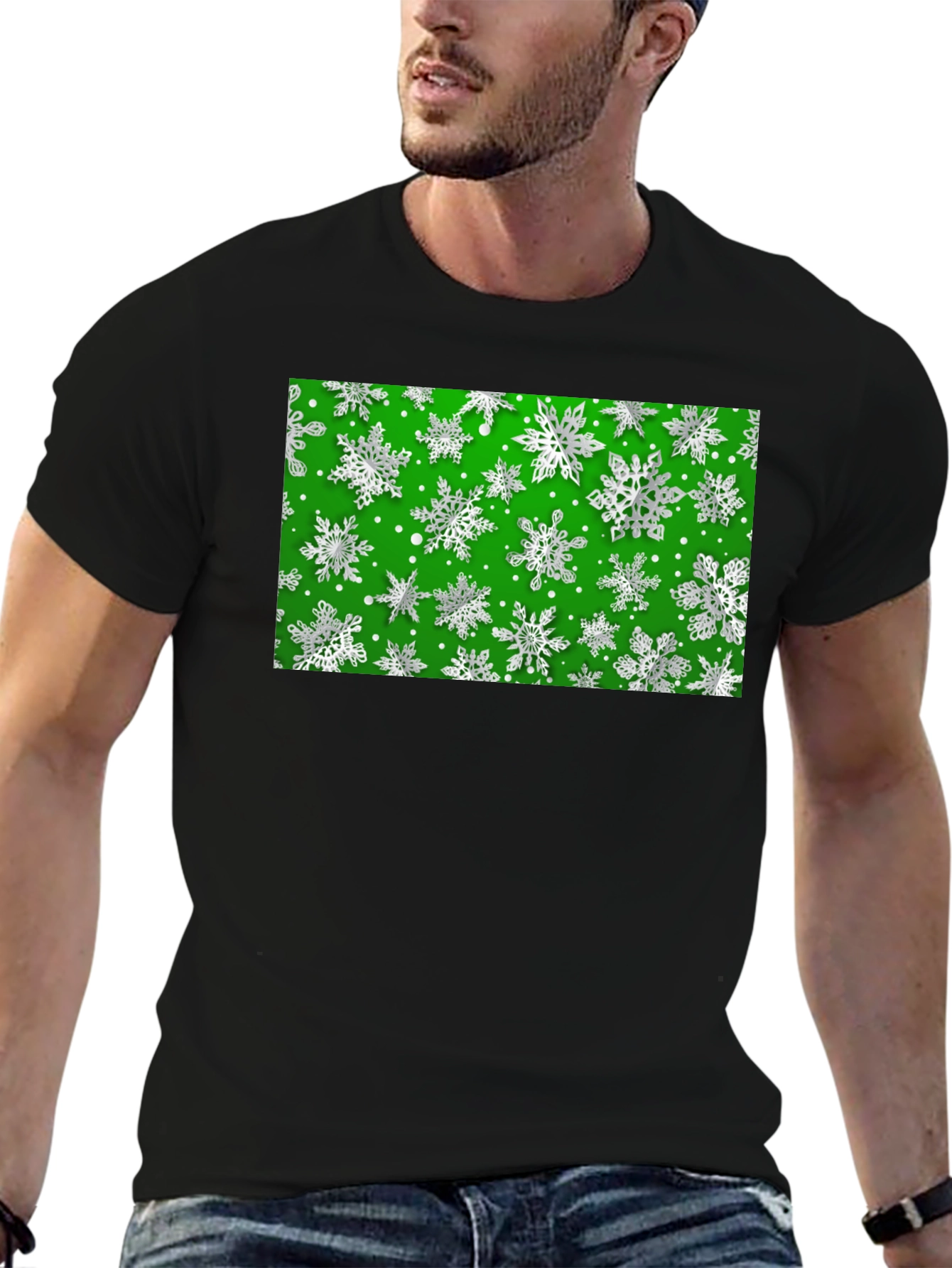 Festive Snowflake Pattern Black T-Shirt