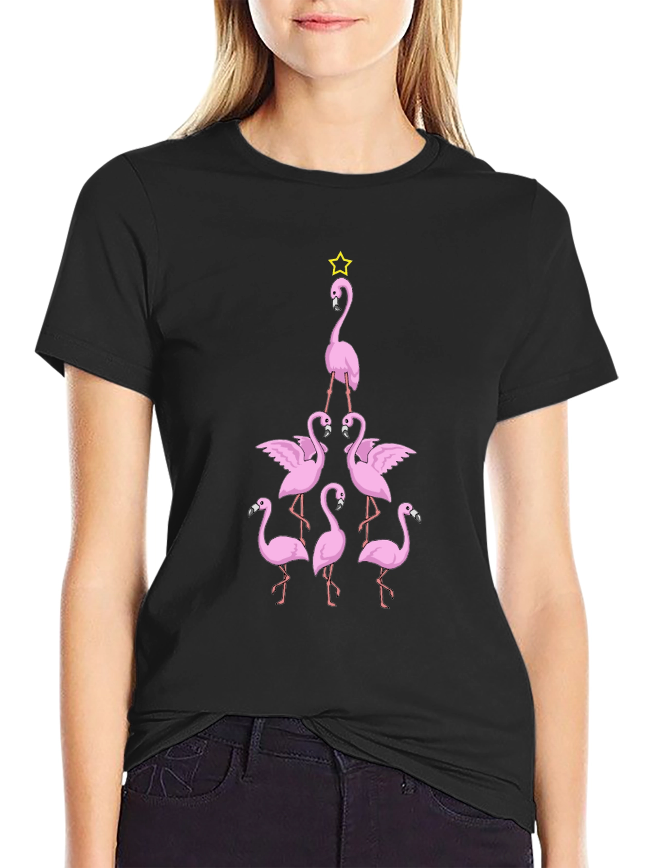 Flamingo Christmas Tree Graphic T-Shirt