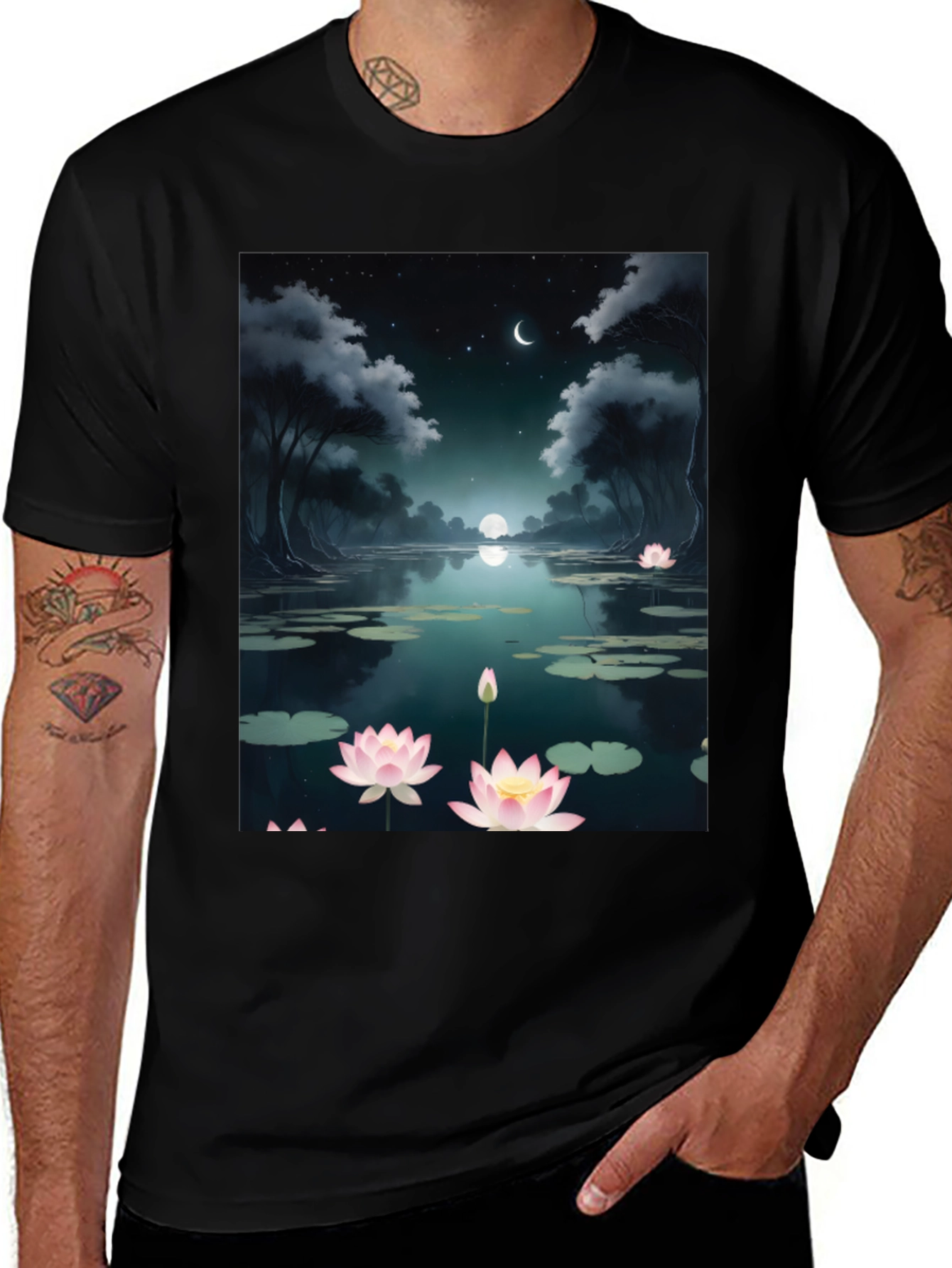 Lotus Pond Graphic Tee - Serene Night Design