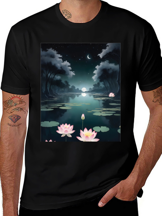 Lotus Pond Graphic Tee - Serene Night Design