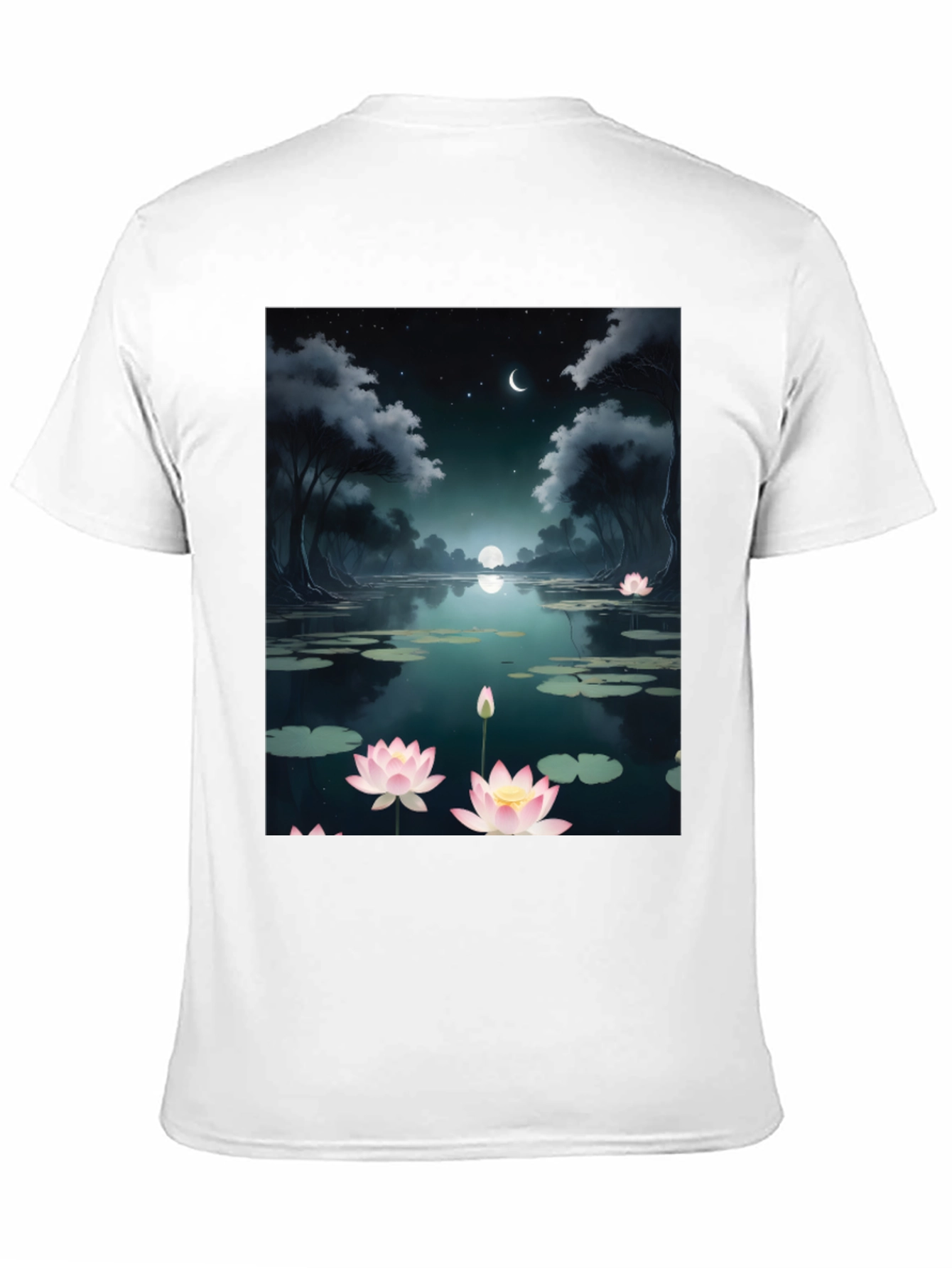 Lotus Pond Graphic Tee - Serene Night Design