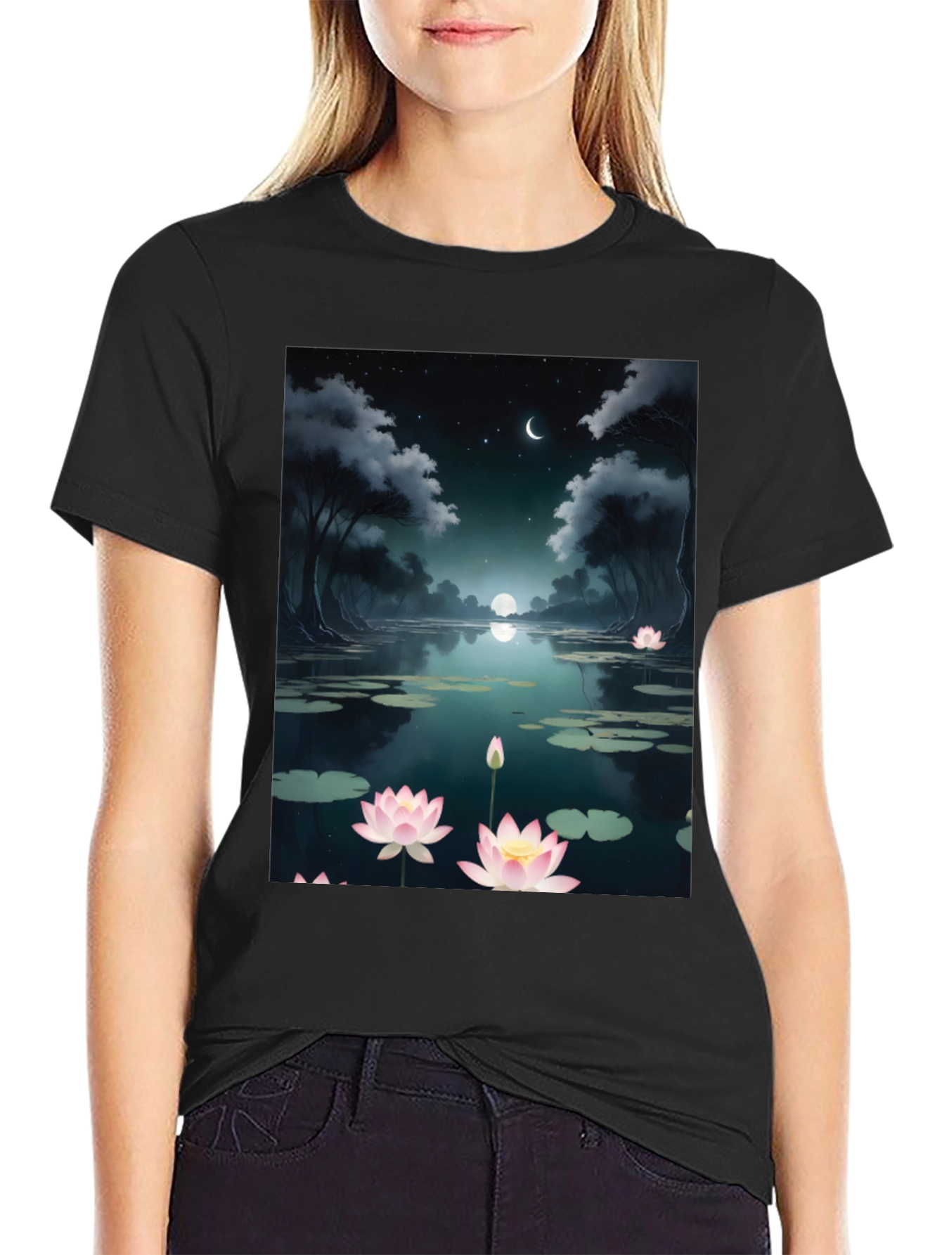 Lotus Pond Graphic Tee - Serene Night Design
