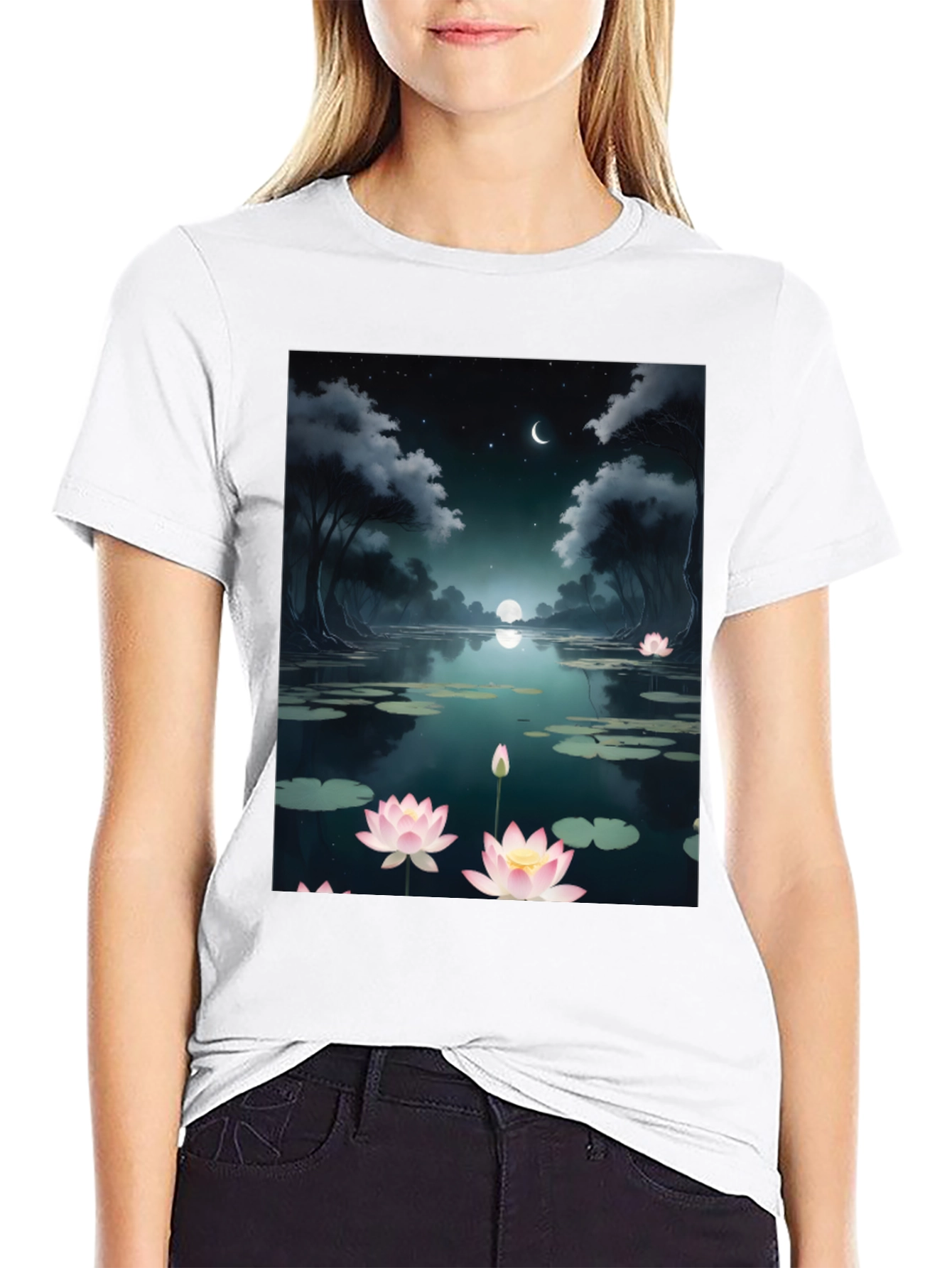Lotus Pond Graphic Tee - Serene Night Design