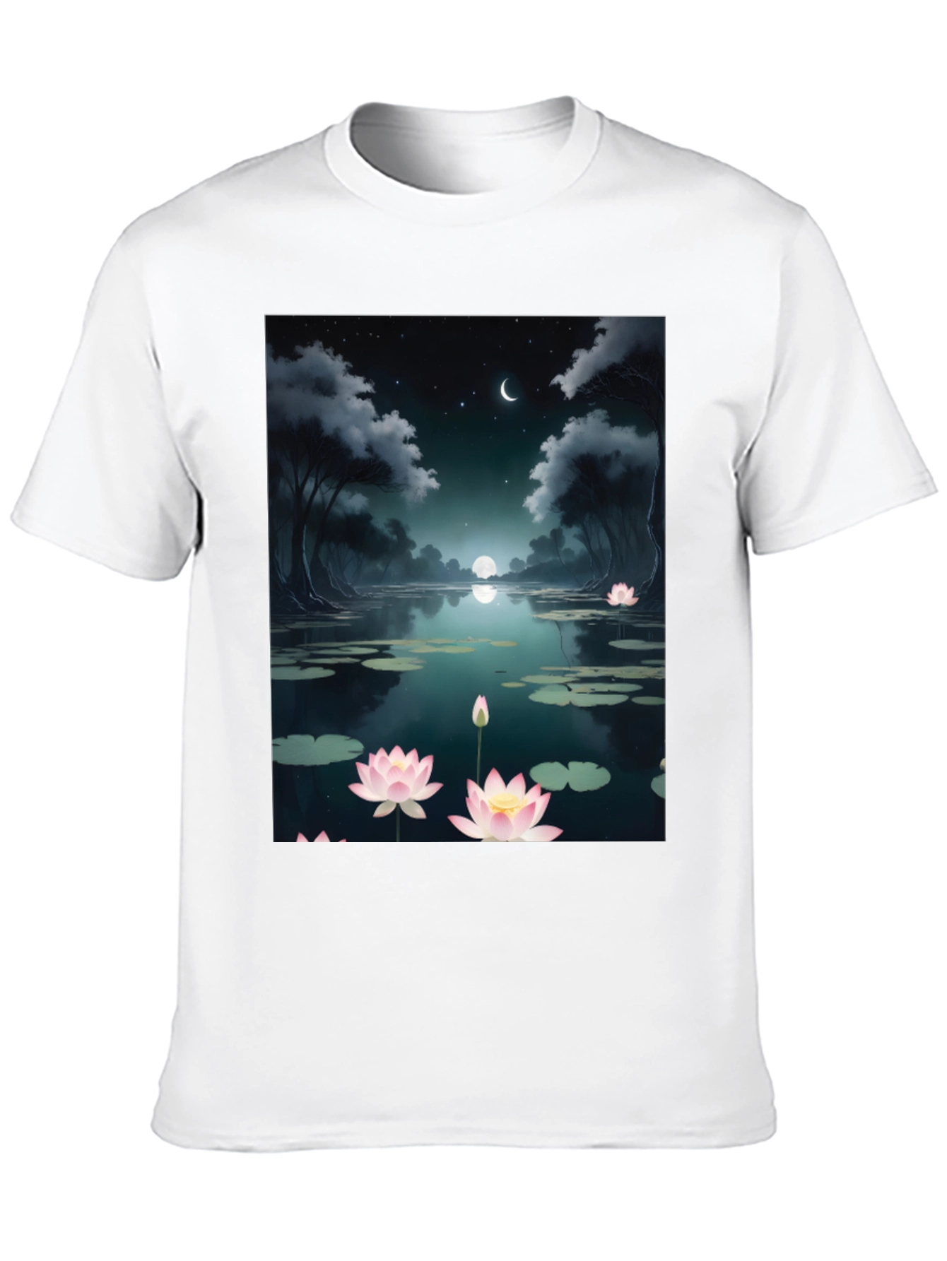 Lotus Pond Graphic Tee - Serene Night Design
