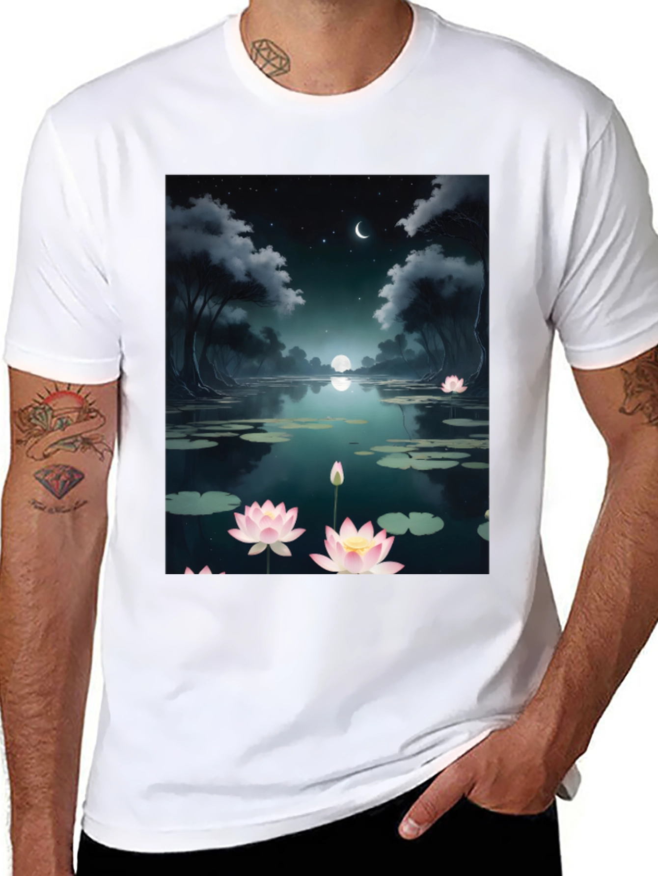 Lotus Pond Graphic Tee - Serene Night Design