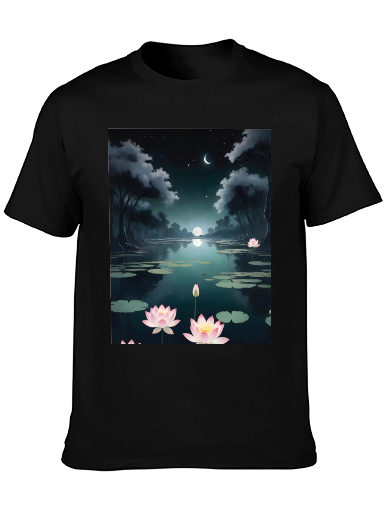 Lotus Pond Graphic Tee - Serene Night Design
