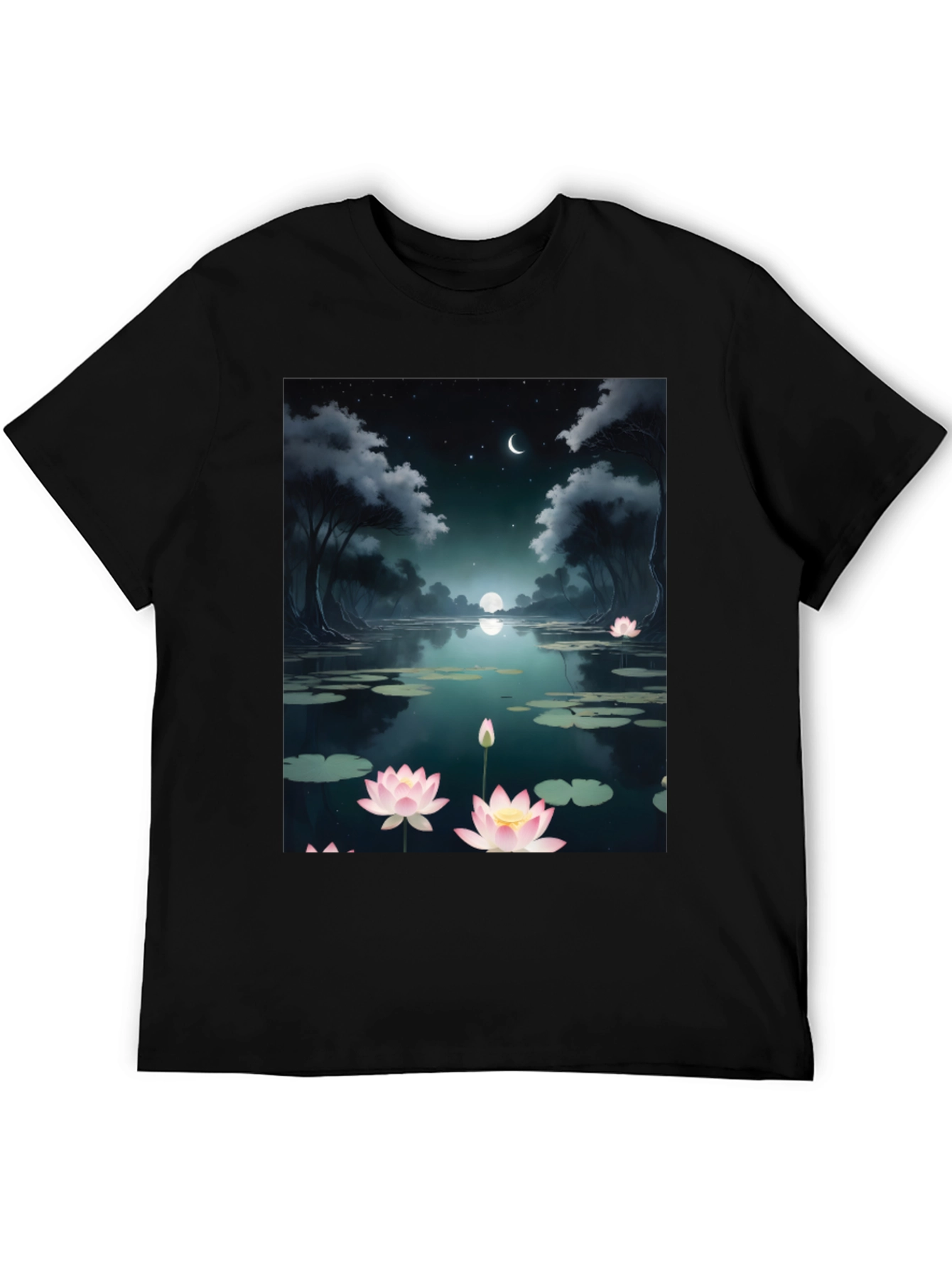Lotus Pond Graphic Tee - Serene Night Design