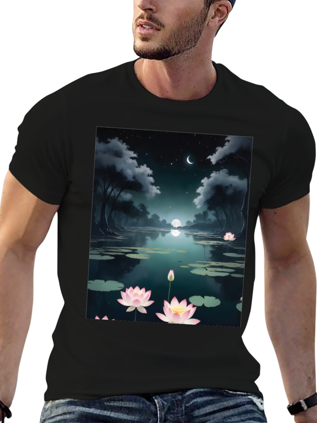 Lotus Pond Graphic Tee - Serene Night Design