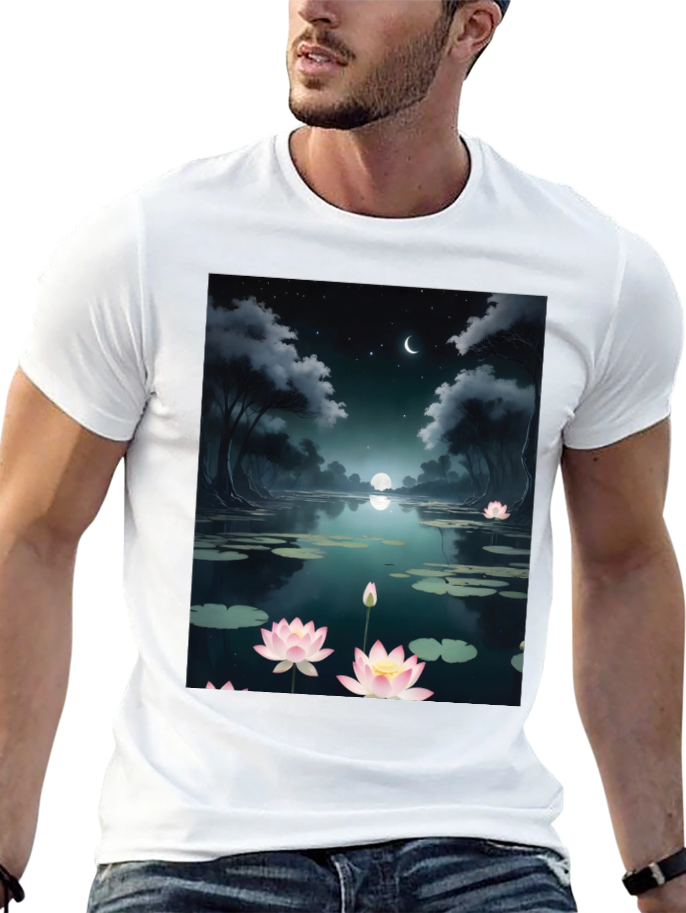 Lotus Pond Graphic Tee - Serene Night Design
