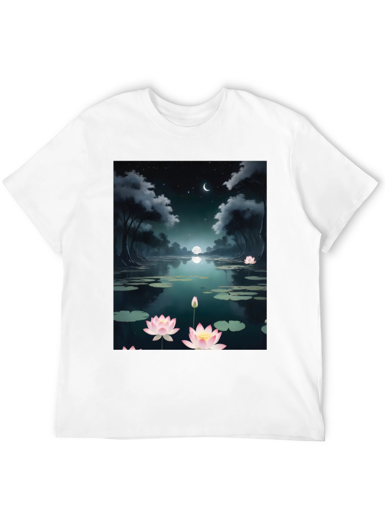 Lotus Pond Graphic Tee - Serene Night Design