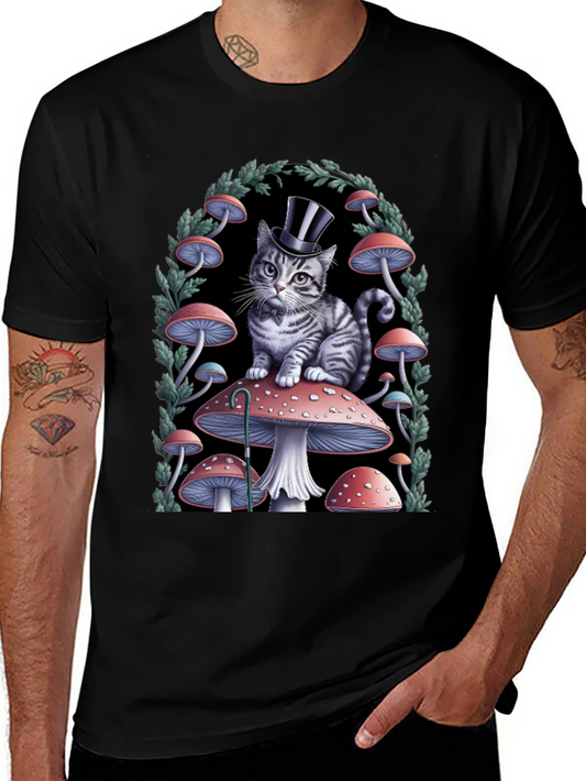 Whimsical Cat in Top Hat Mushroom T-Shirt