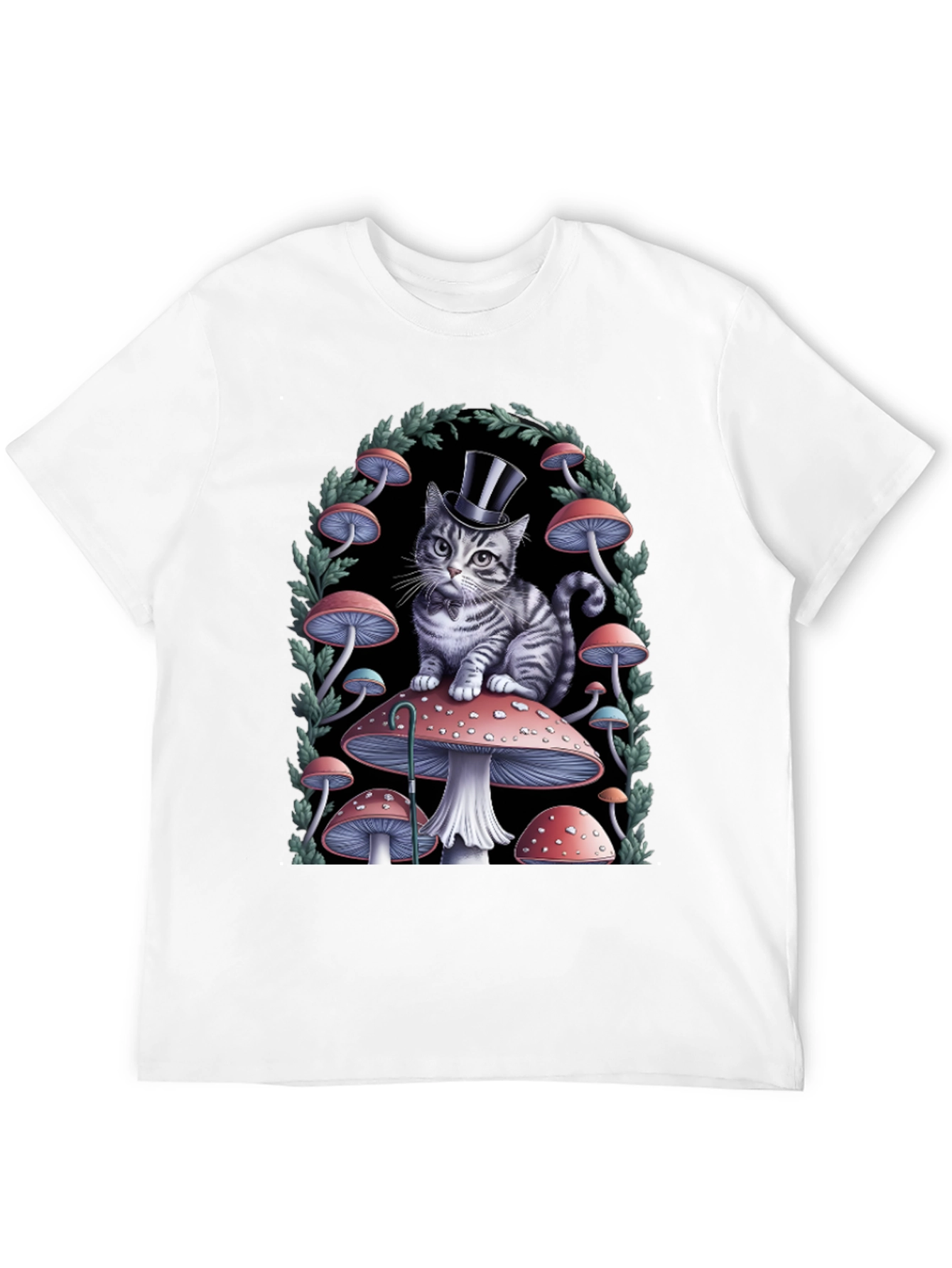Whimsical Cat in Top Hat Mushroom T-Shirt