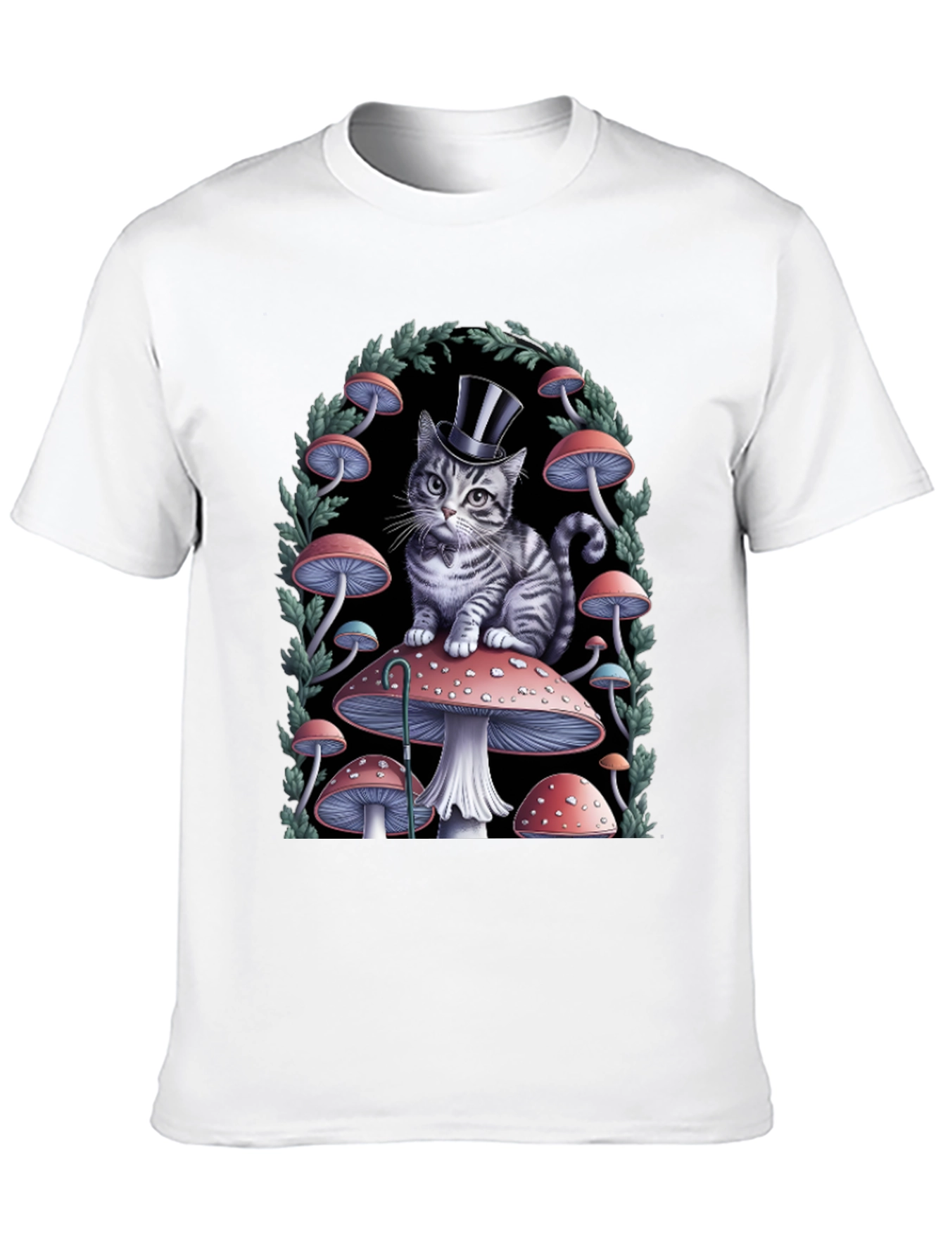 Whimsical Cat in Top Hat Mushroom T-Shirt