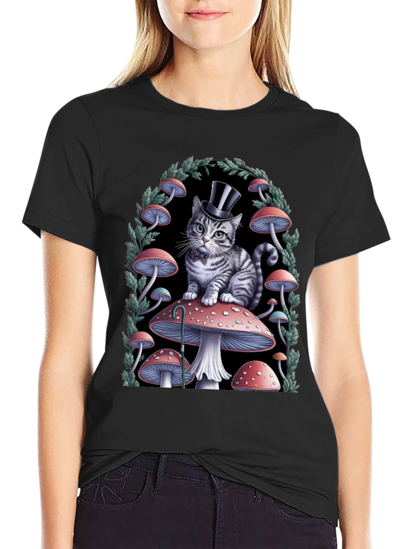 Whimsical Cat in Top Hat Mushroom T-Shirt