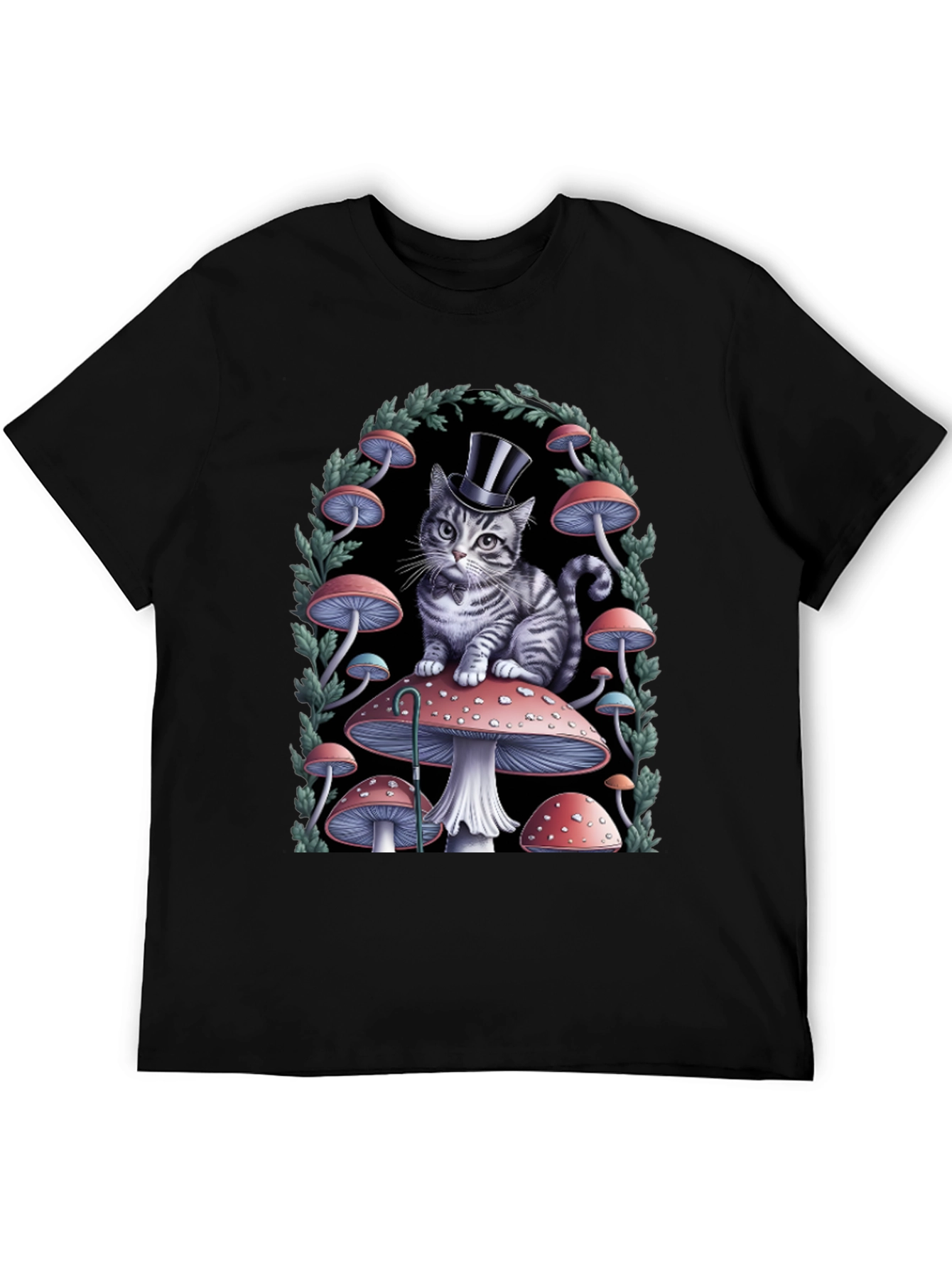 Whimsical Cat in Top Hat Mushroom T-Shirt