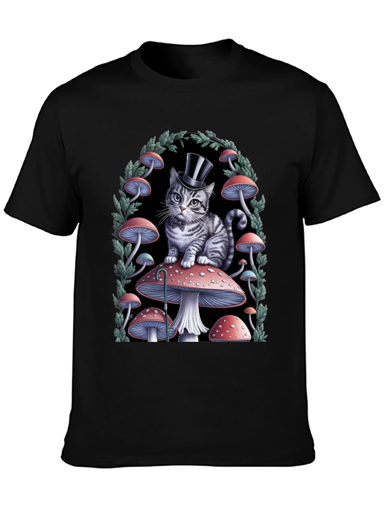 Whimsical Cat in Top Hat Mushroom T-Shirt