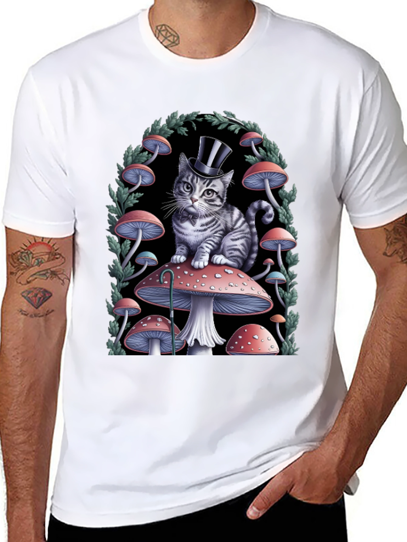 Whimsical Cat in Top Hat Mushroom T-Shirt
