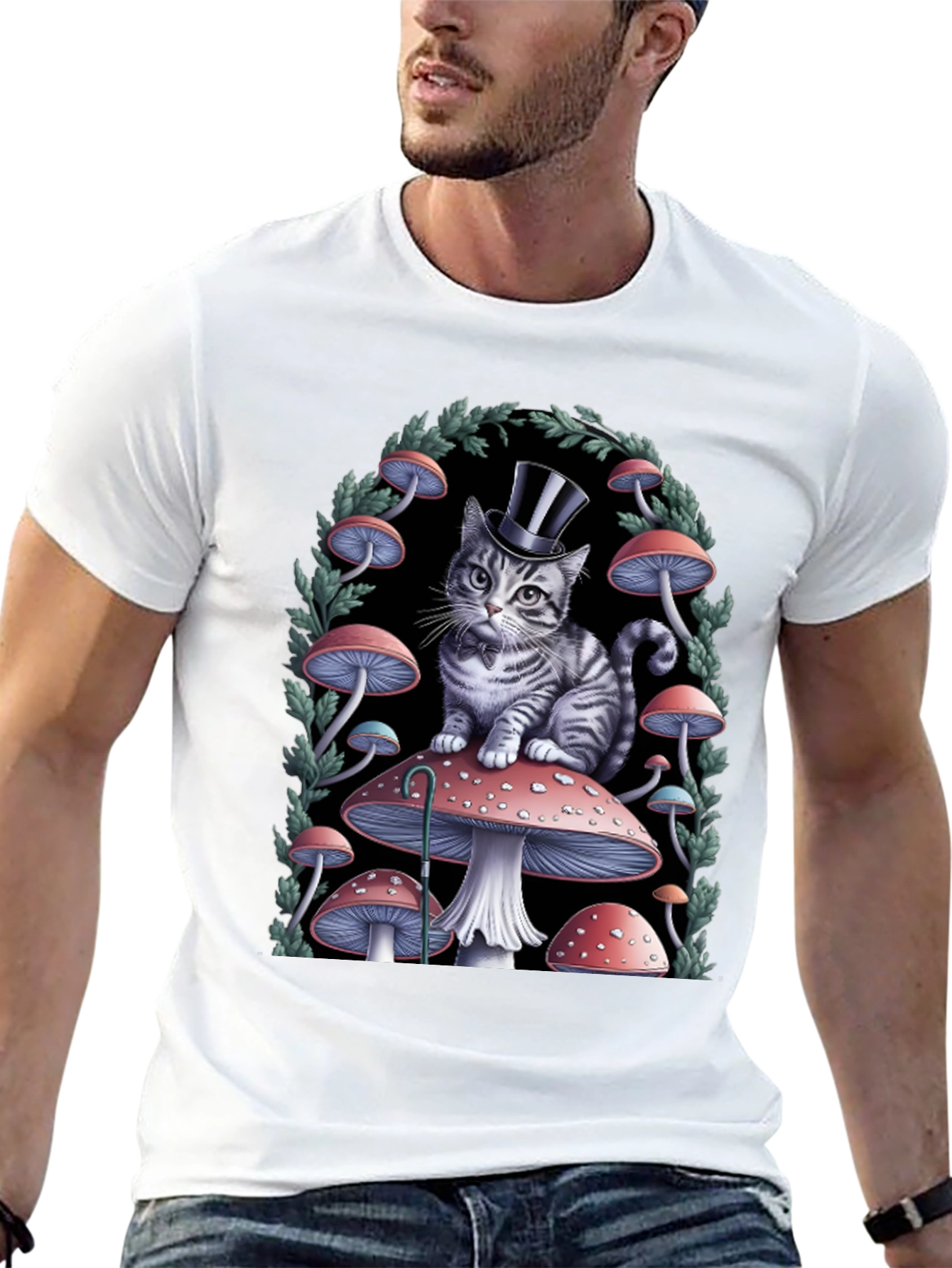 Whimsical Cat in Top Hat Mushroom T-Shirt