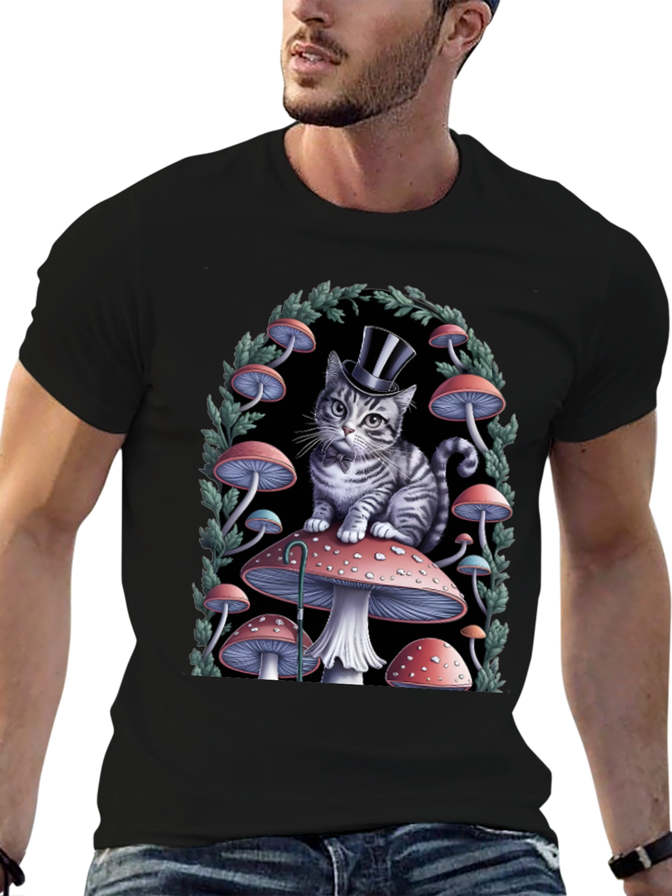 Whimsical Cat in Top Hat Mushroom T-Shirt
