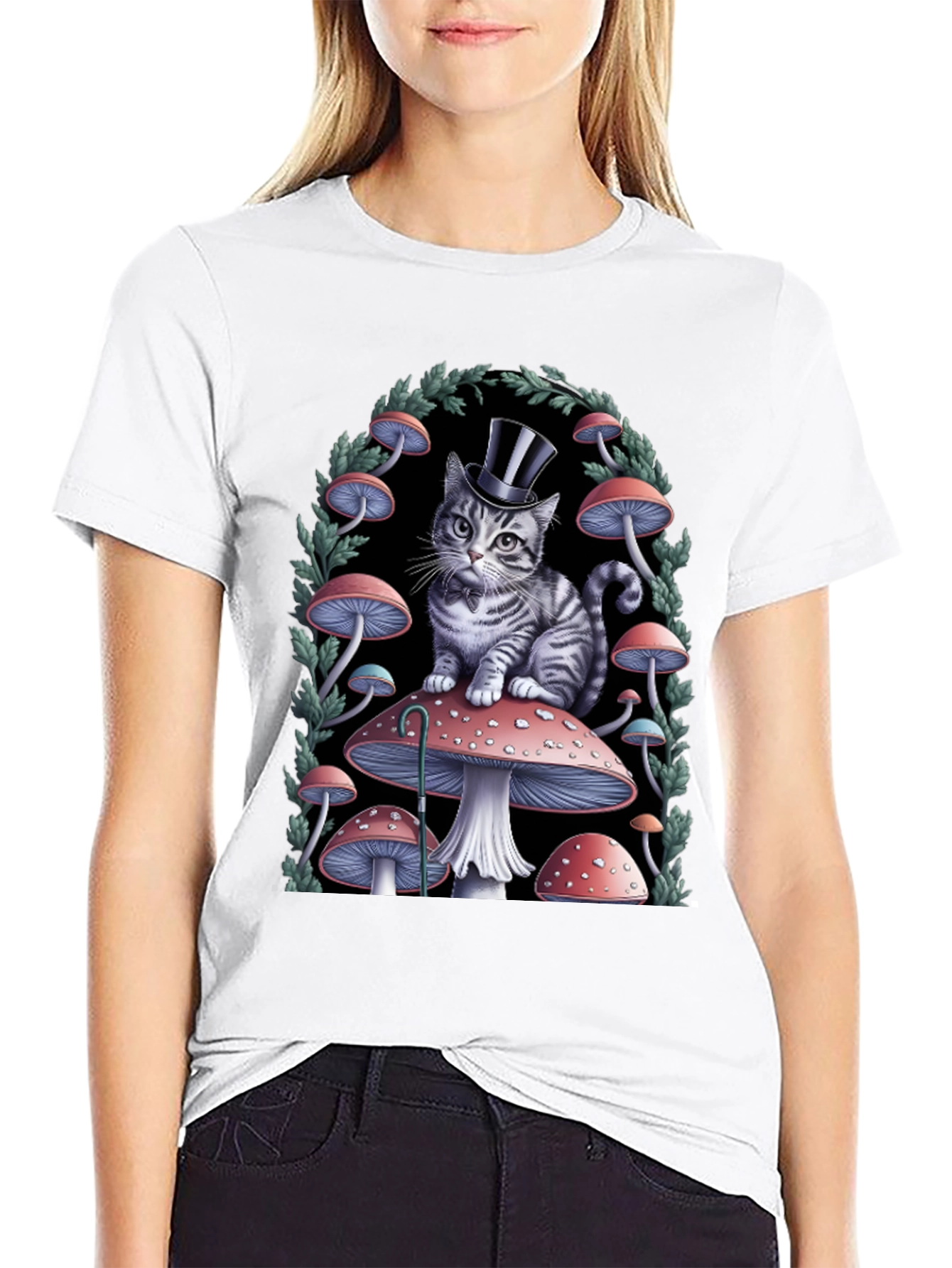 Whimsical Cat in Top Hat Mushroom T-Shirt