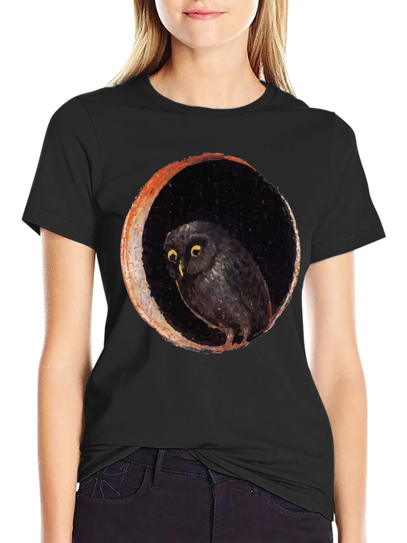 Owl and Moon Graphic Black T-Shirt