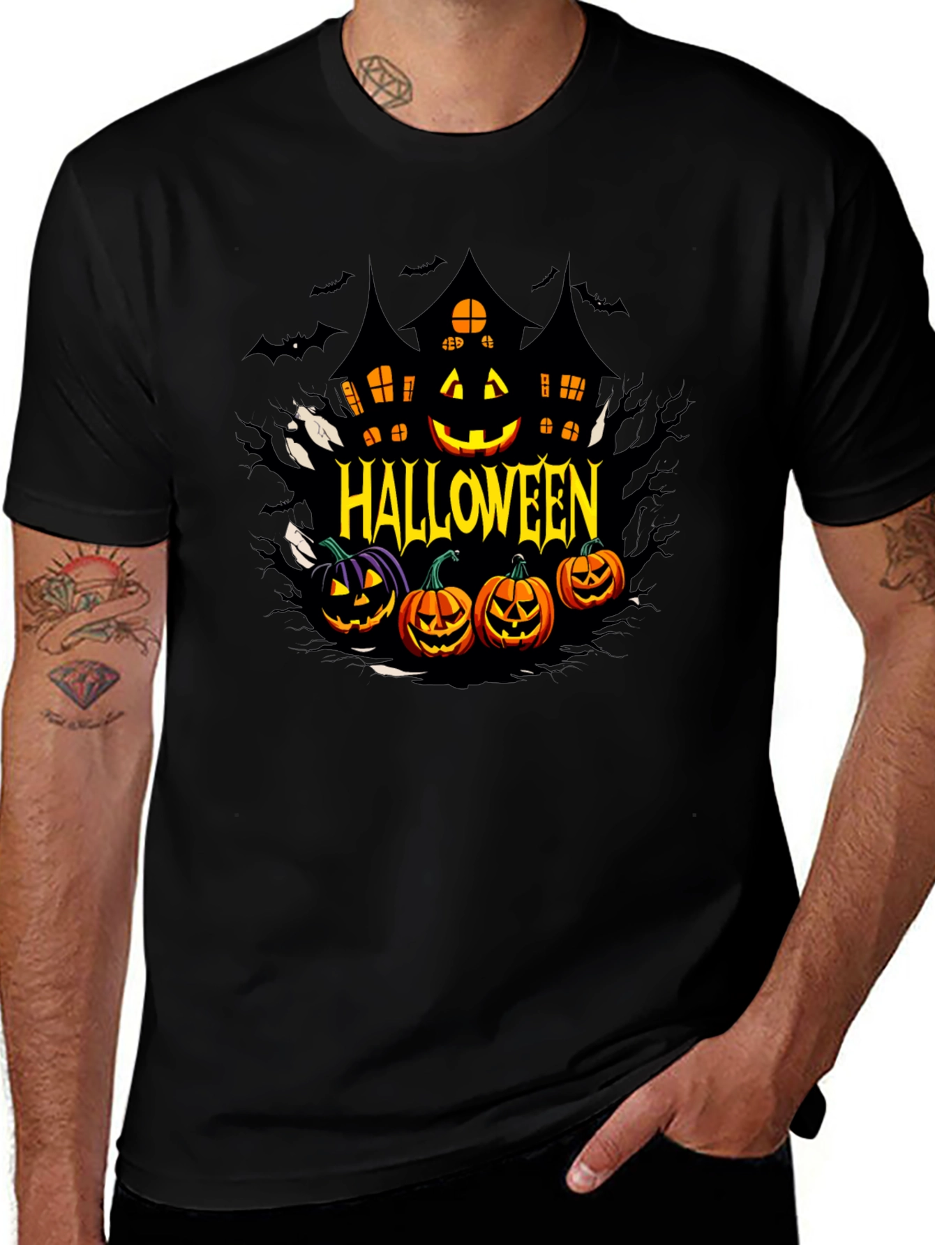 Halloween Graphic T-Shirt - Spooky House & Pumpkins